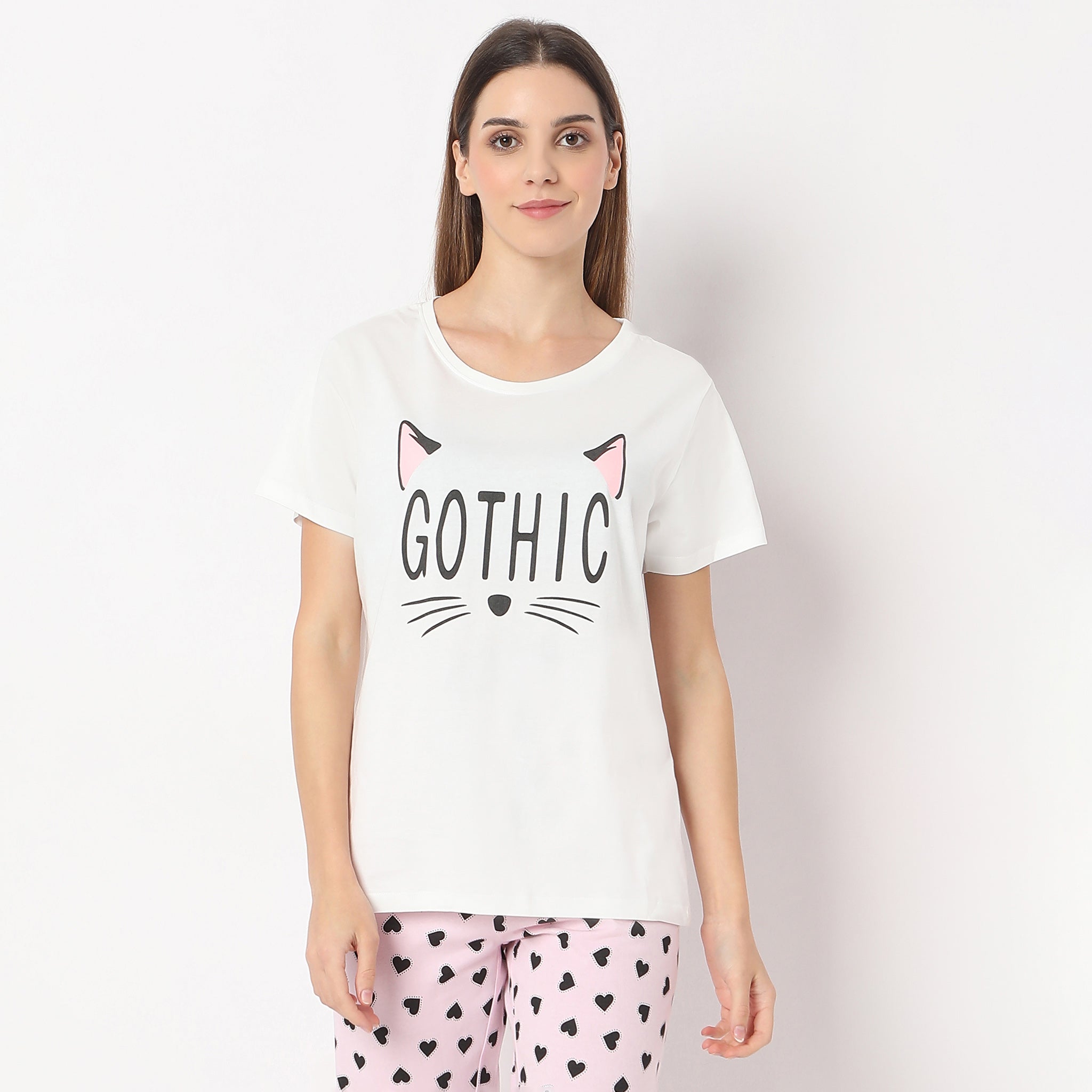 Printed Straight Kitten Short Sleeve T-Shirt