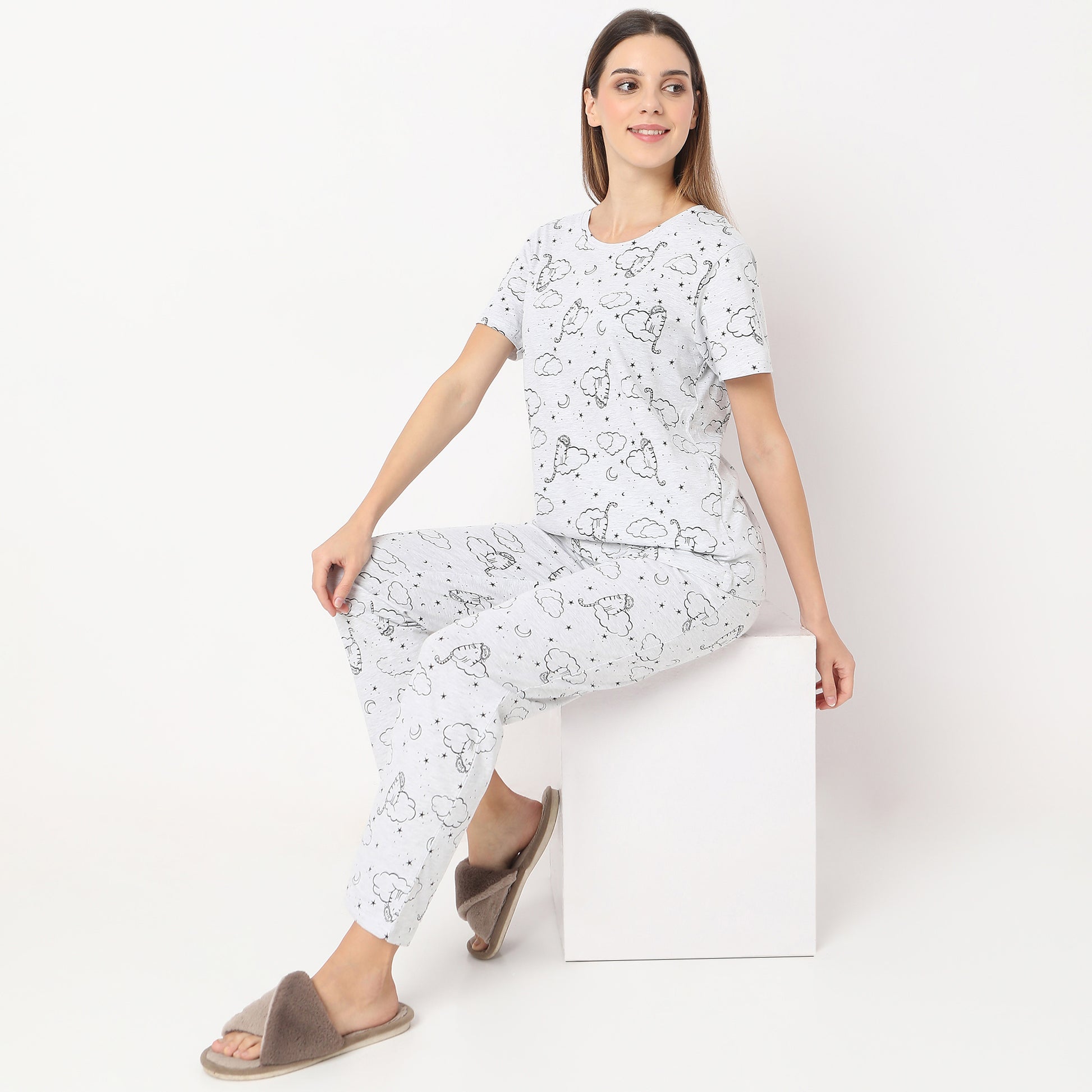 Printed Straight Stars and Moon Short Sleeve T-Shirt