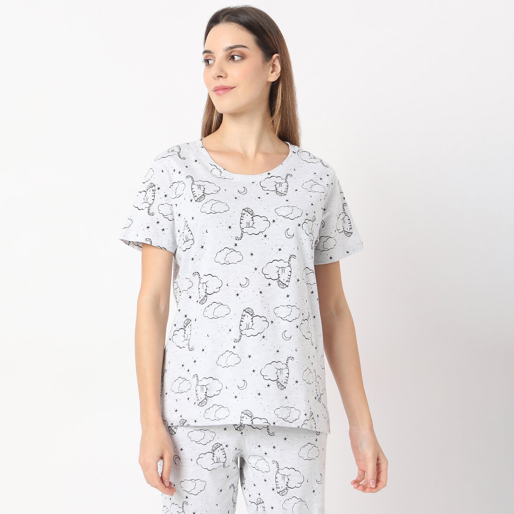 Printed Straight Stars and Moon Short Sleeve T-Shirt