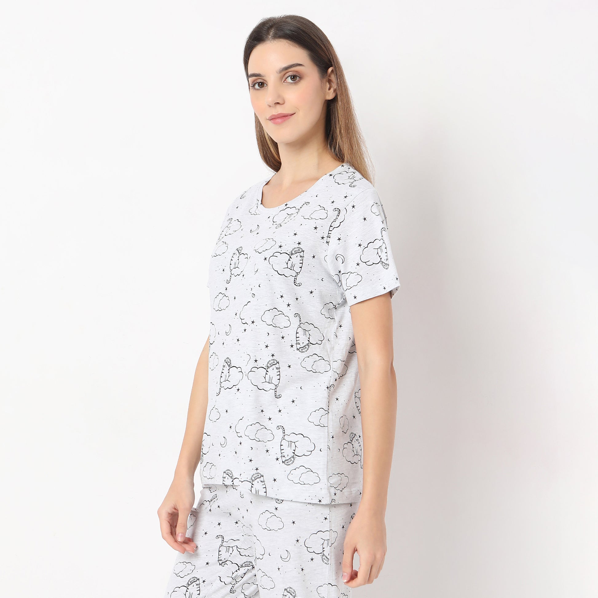 Printed Straight Stars and Moon Short Sleeve T-Shirt