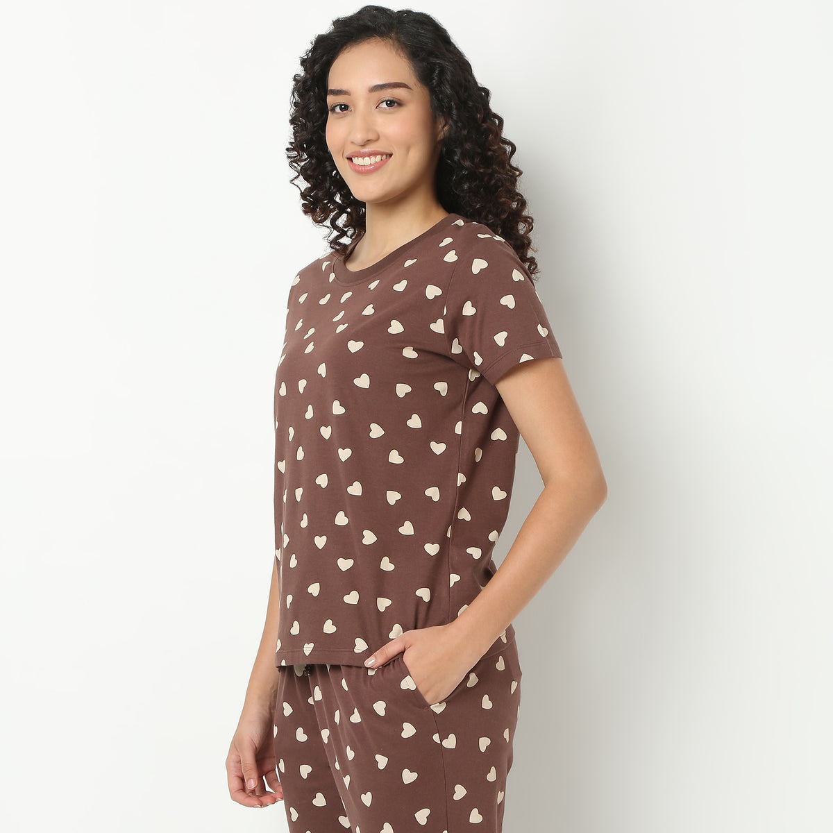 Heart Print Crew Neck Loungewear T-Shirt