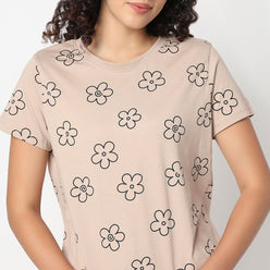 Floral Print Round Neck Loungewear T-Shirt