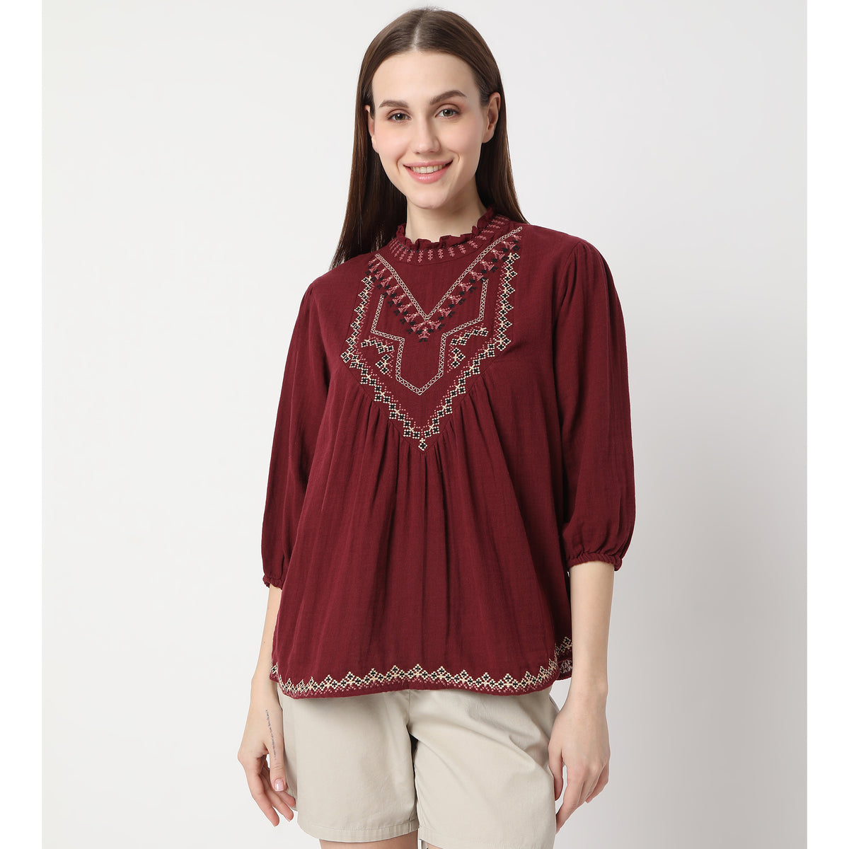 Embroidered Three-Fourth Sleeve Empire Top