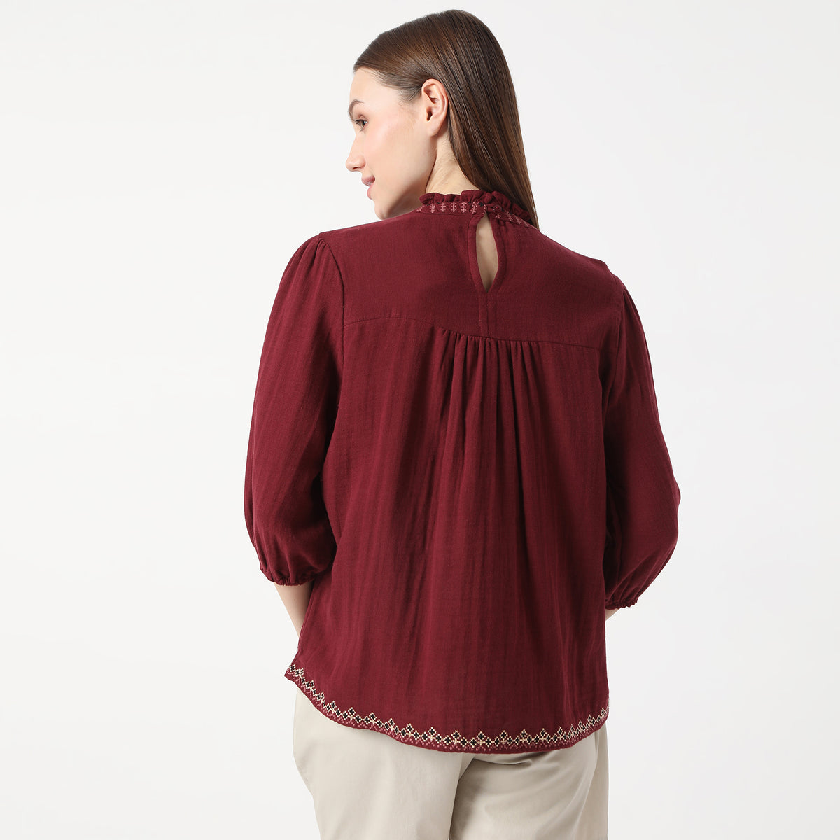 Embroidered Three-Fourth Sleeve Empire Top