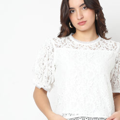 Round Neck with Crochet Lace Trim Top