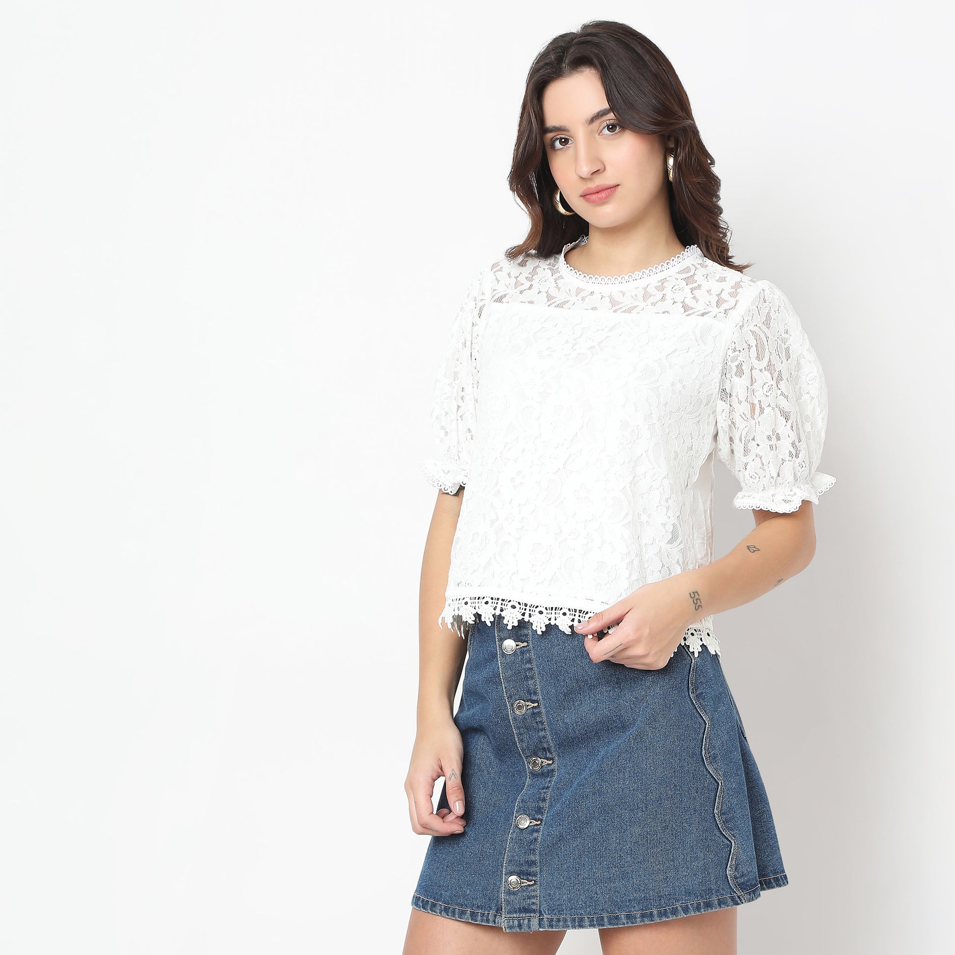 Round Neck with Crochet Lace Trim Top