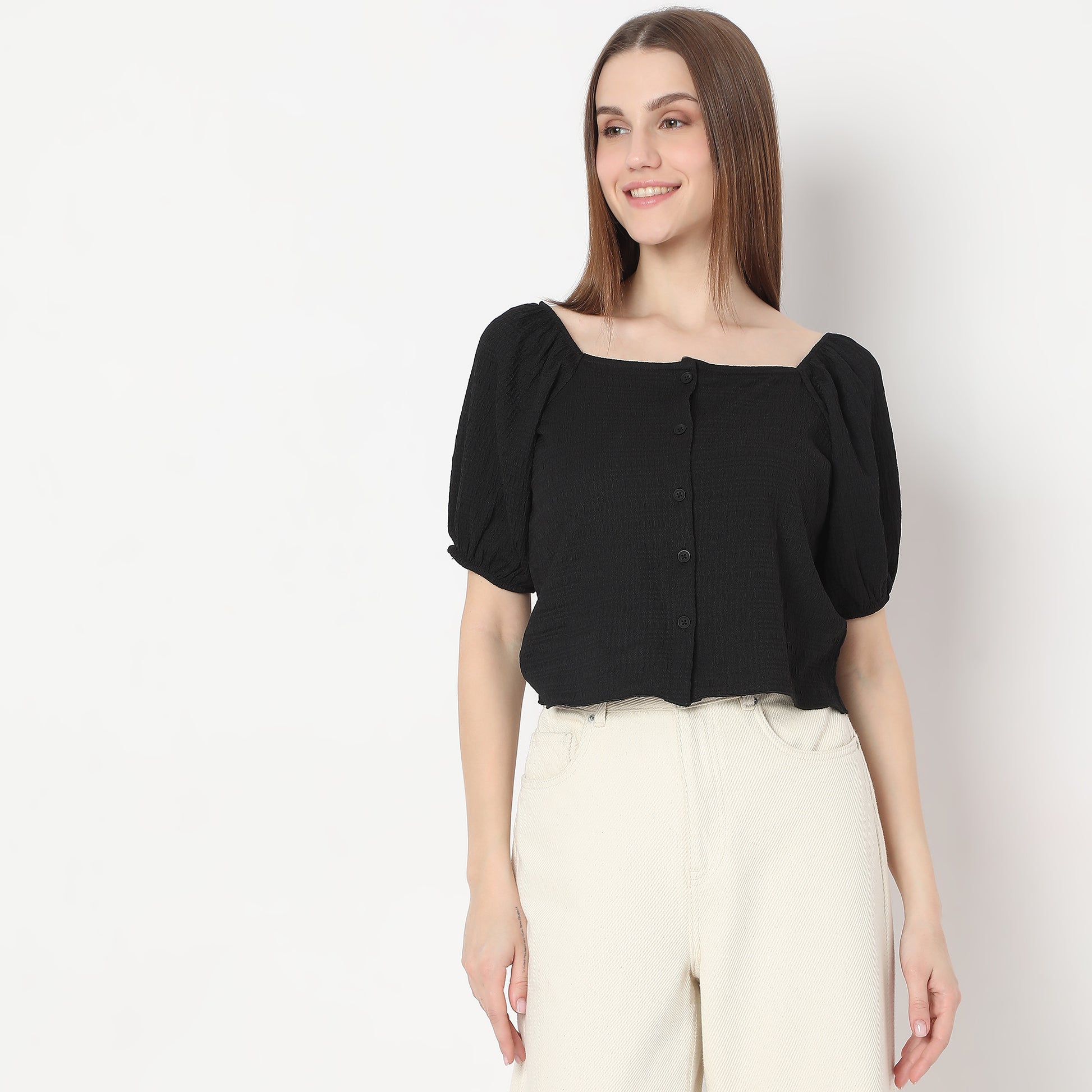 Structured Square Neck Pleasant Sleeve Knit Top