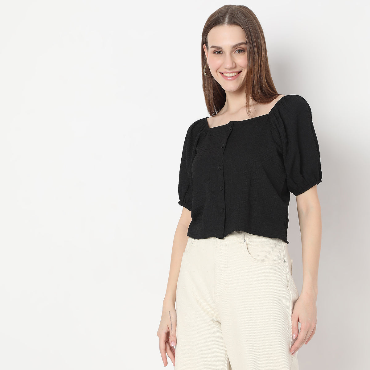 Structured Square Neck Pleasant Sleeve Knit Top