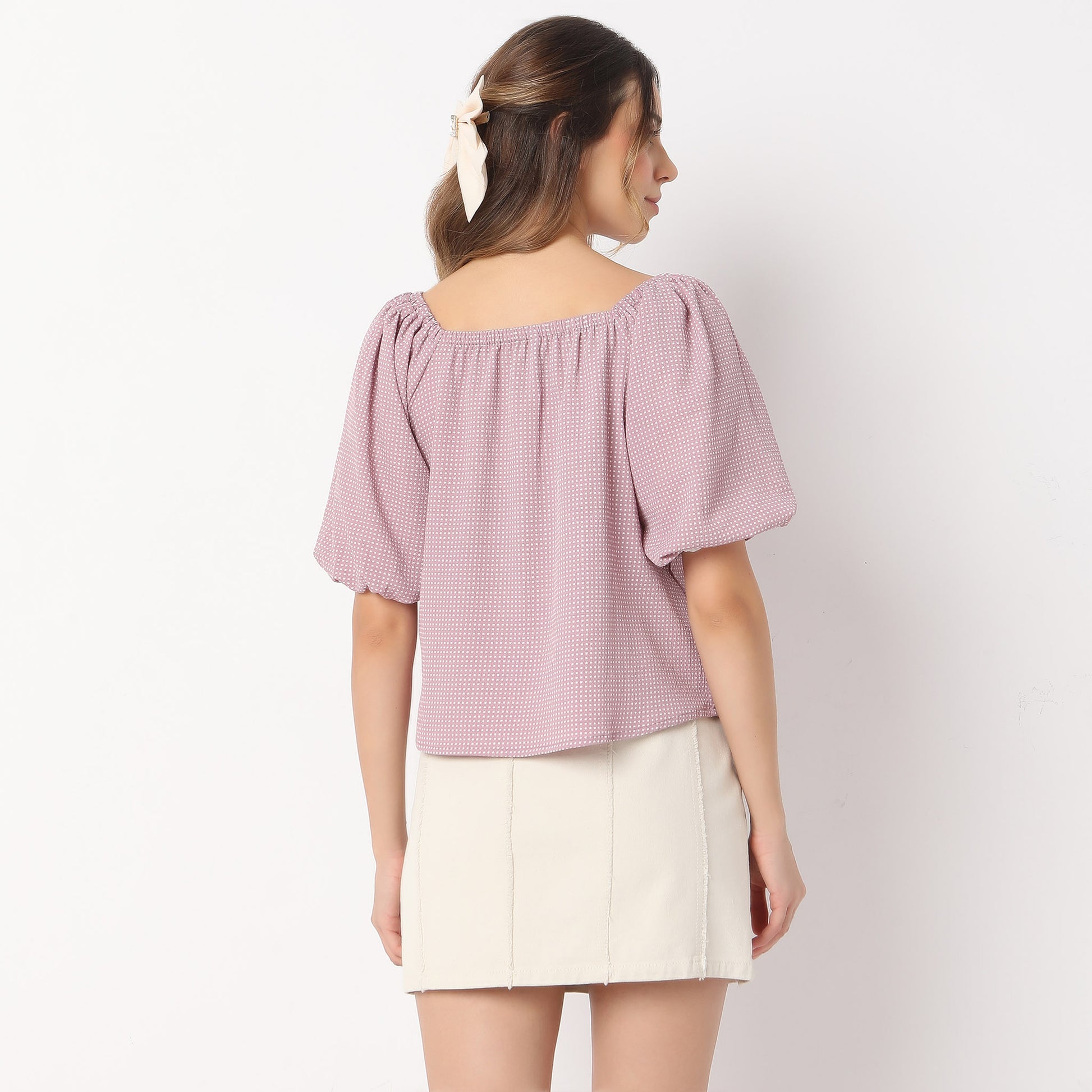 Polka Dot Square Neck Woven Puff Sleeve Top