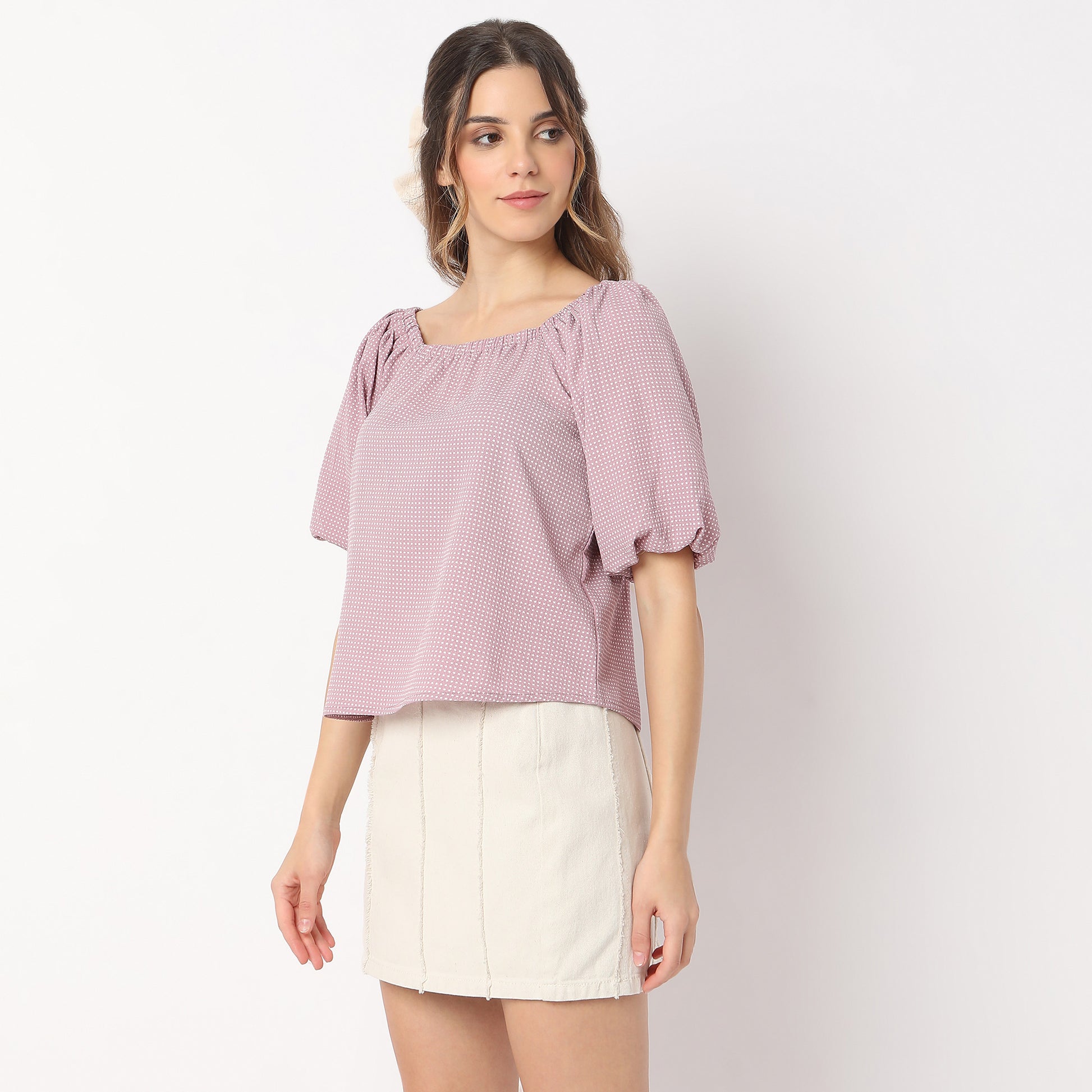 Polka Dot Square Neck Woven Puff Sleeve Top