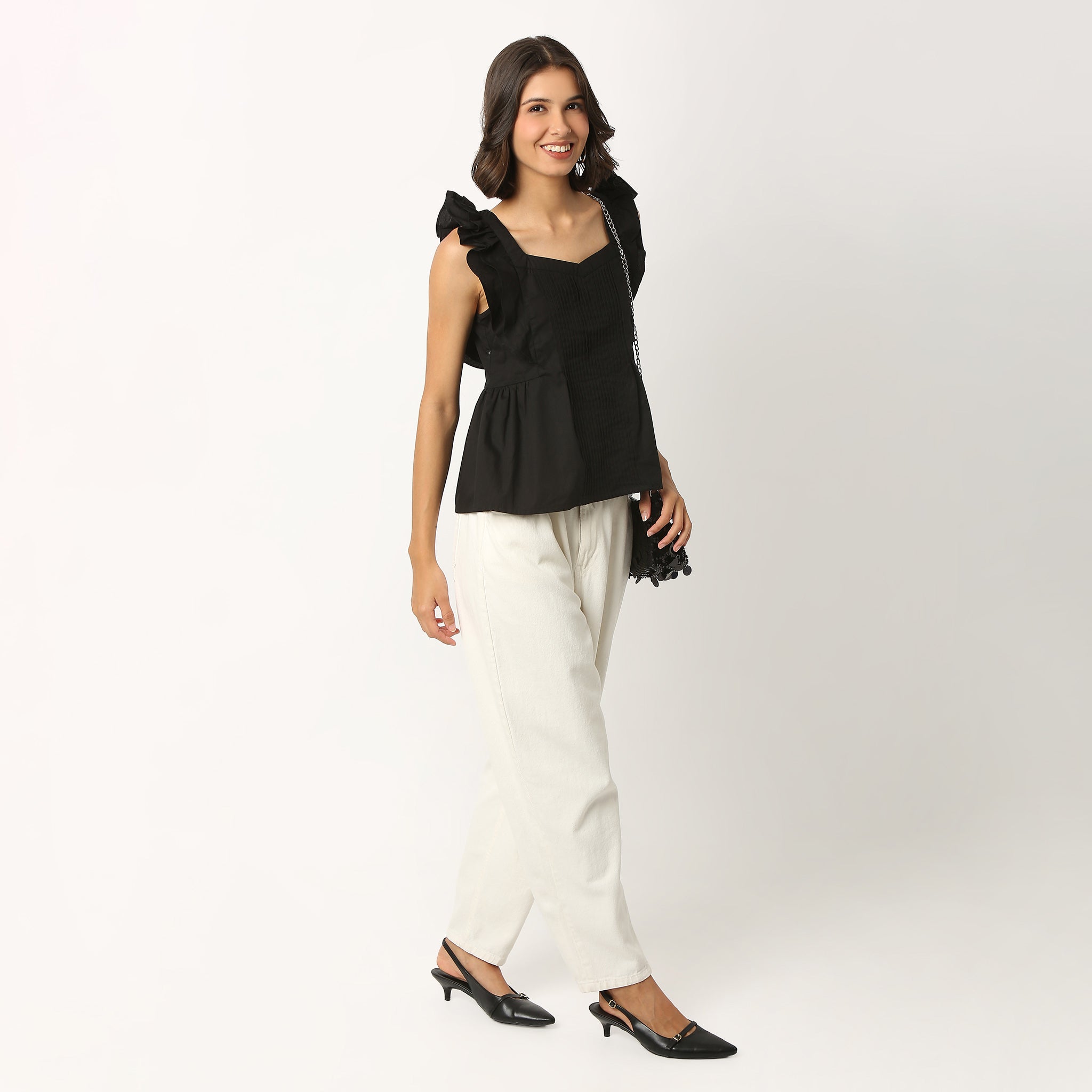 Cotton Fabric Ruffle Sleeve Top