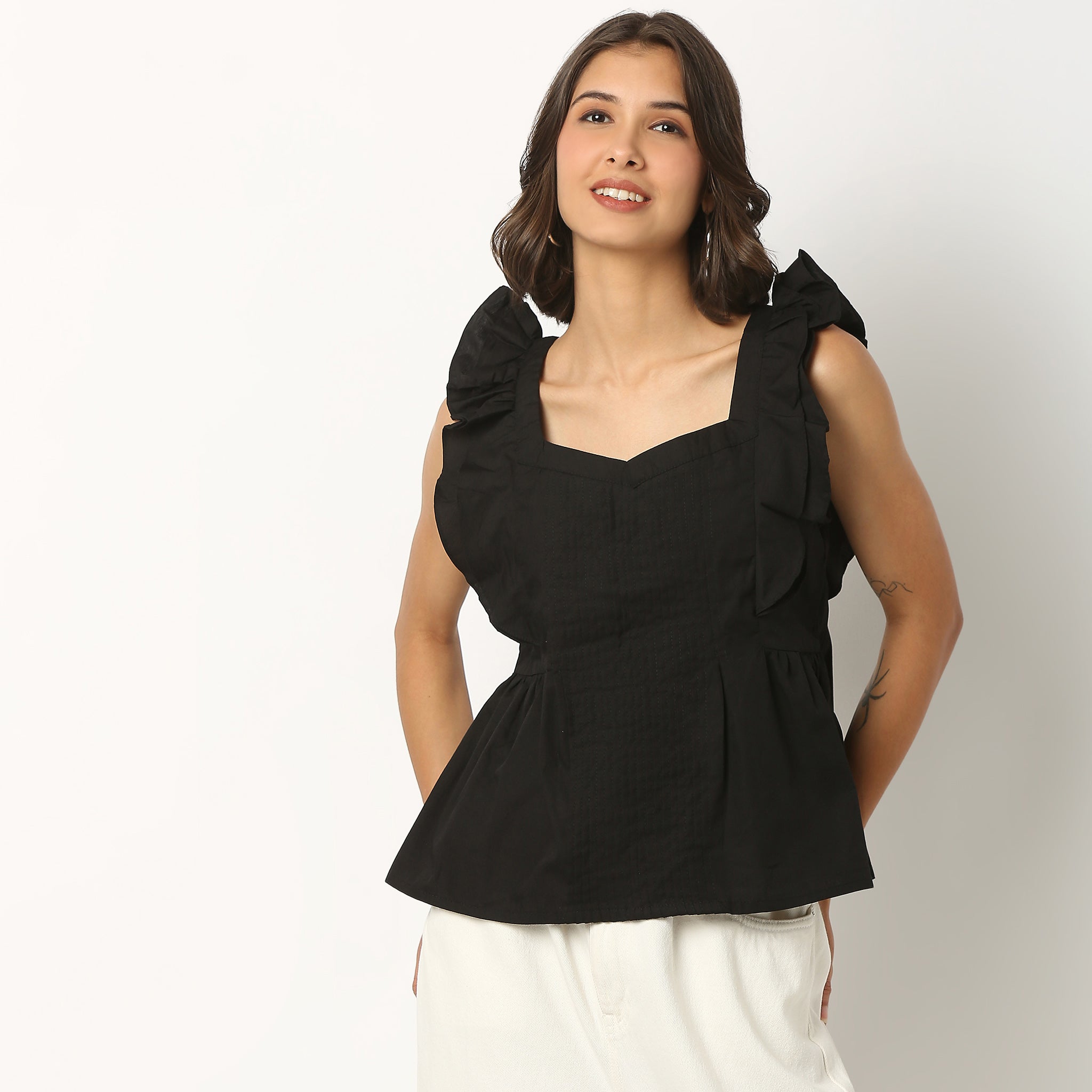 Cotton Fabric Ruffle Sleeve Top