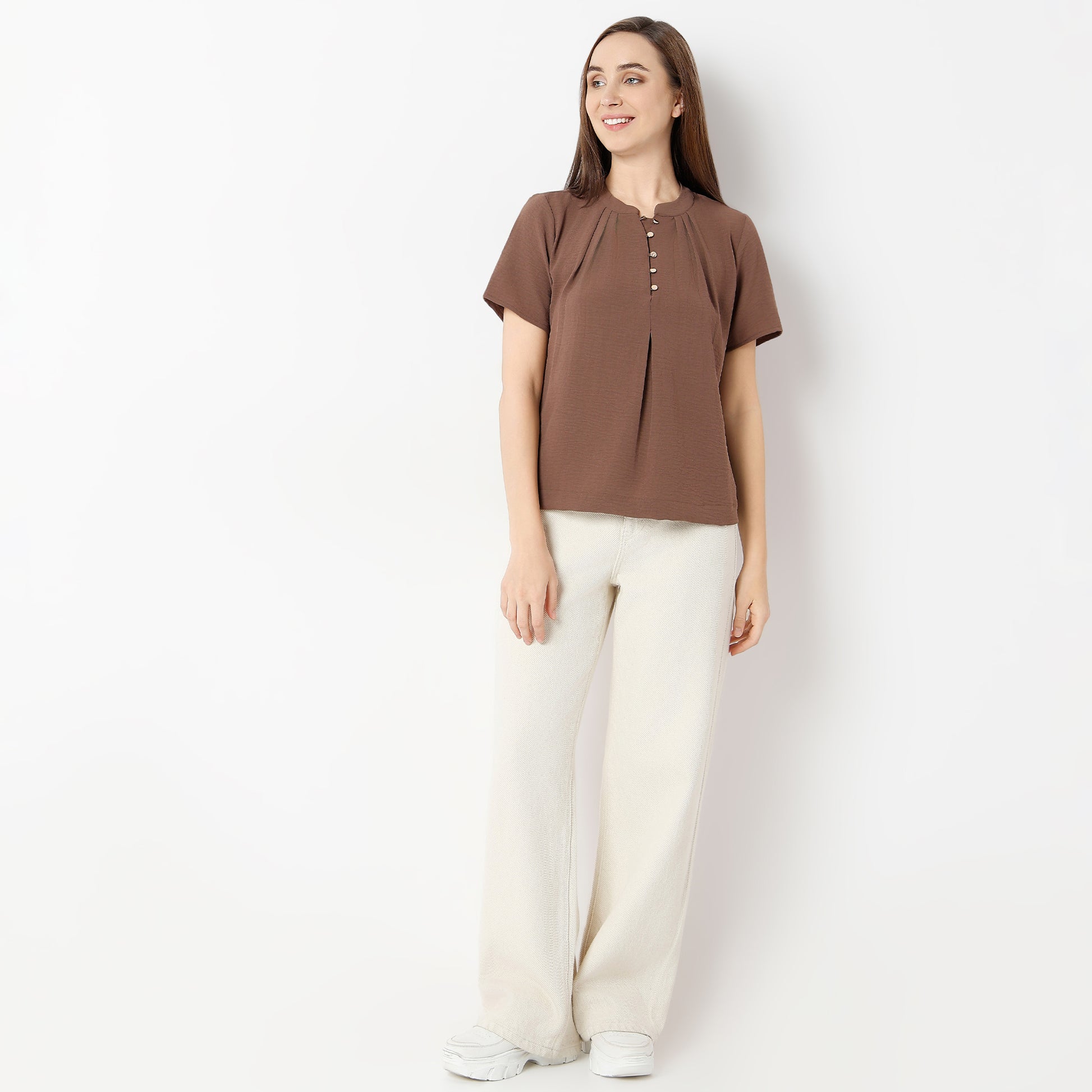 Solid Round Neck Pleated Top