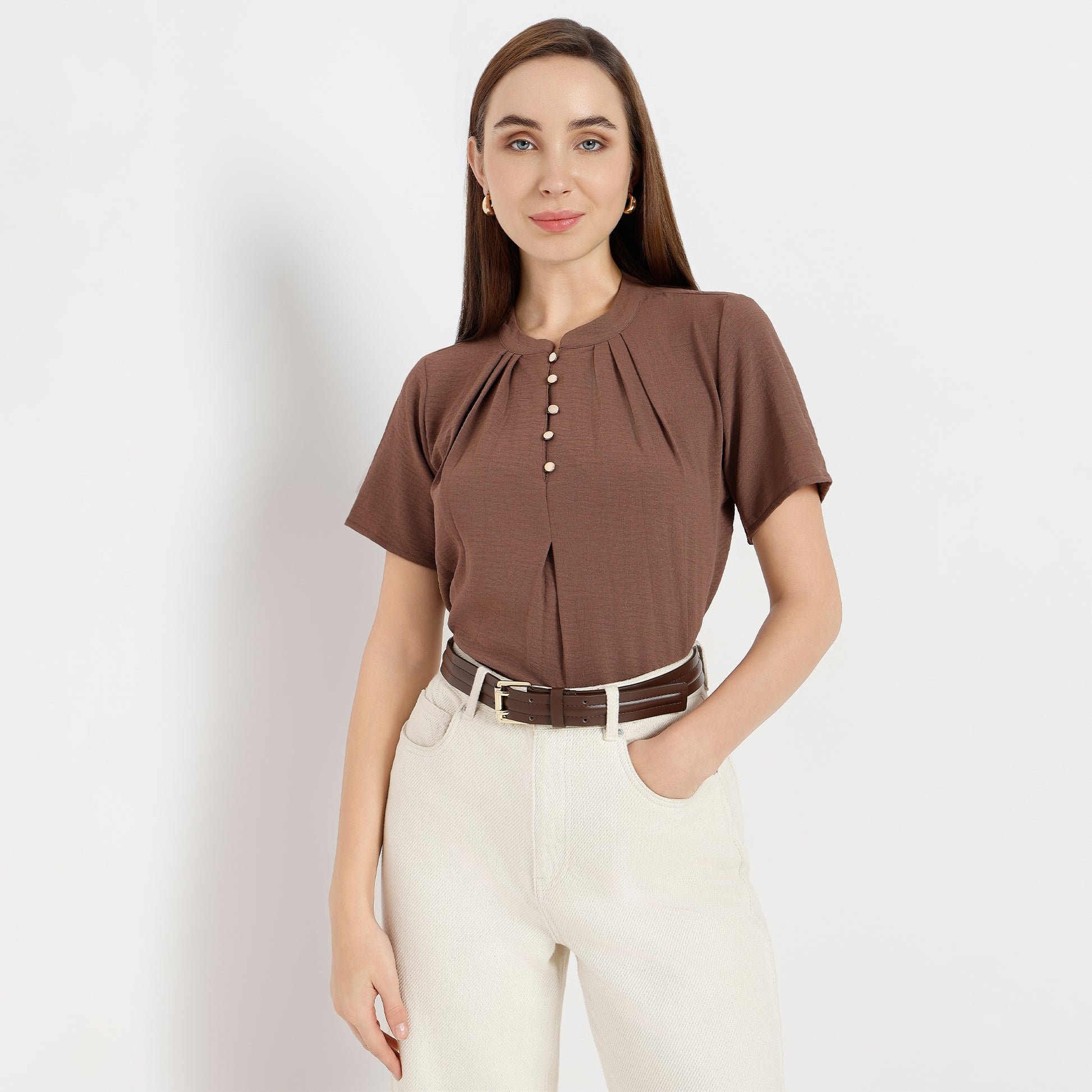 Solid Round Neck Pleated Top
