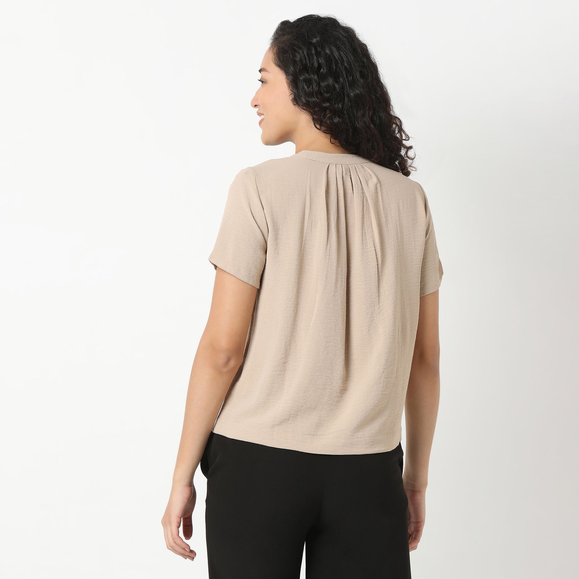 Solid Round Neck Pleated Top