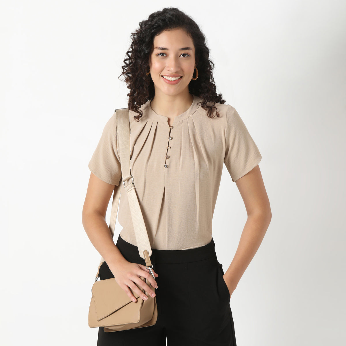 Solid Round Neck Pleated Top