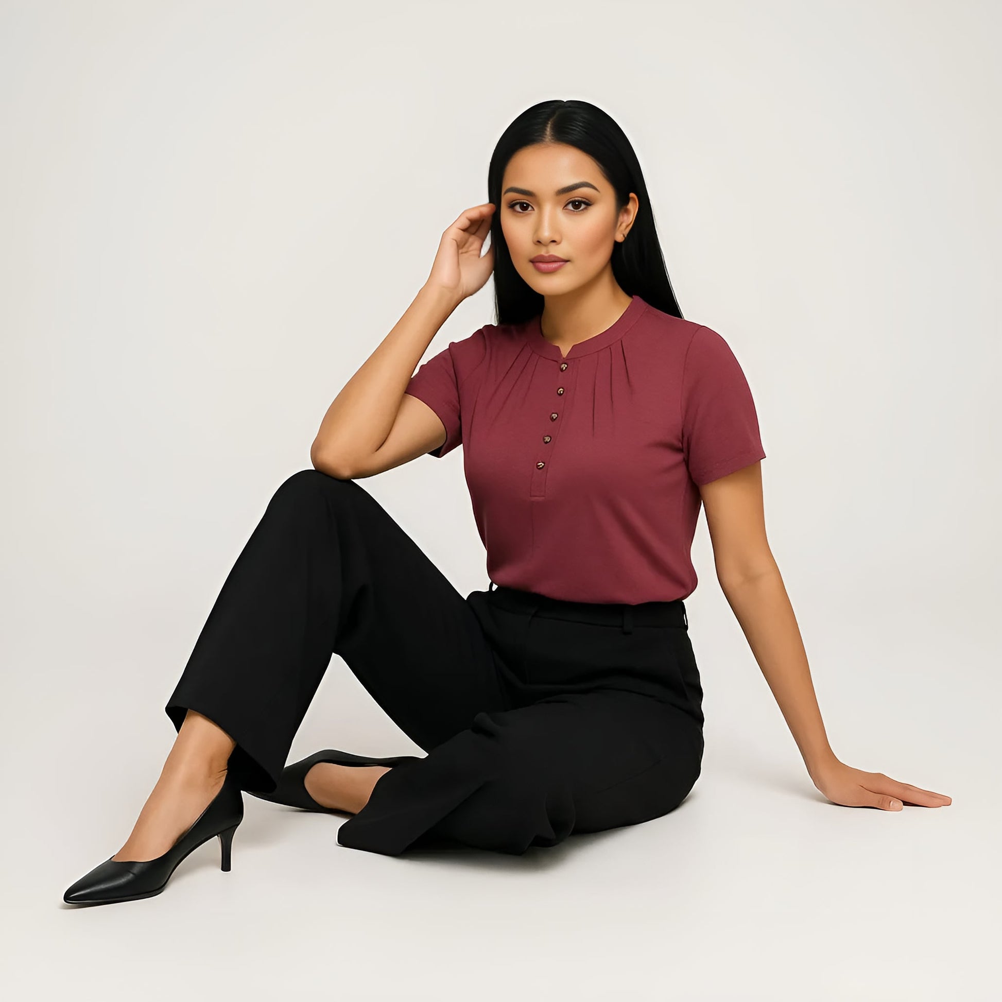 Solid Round Neck Pleated Top