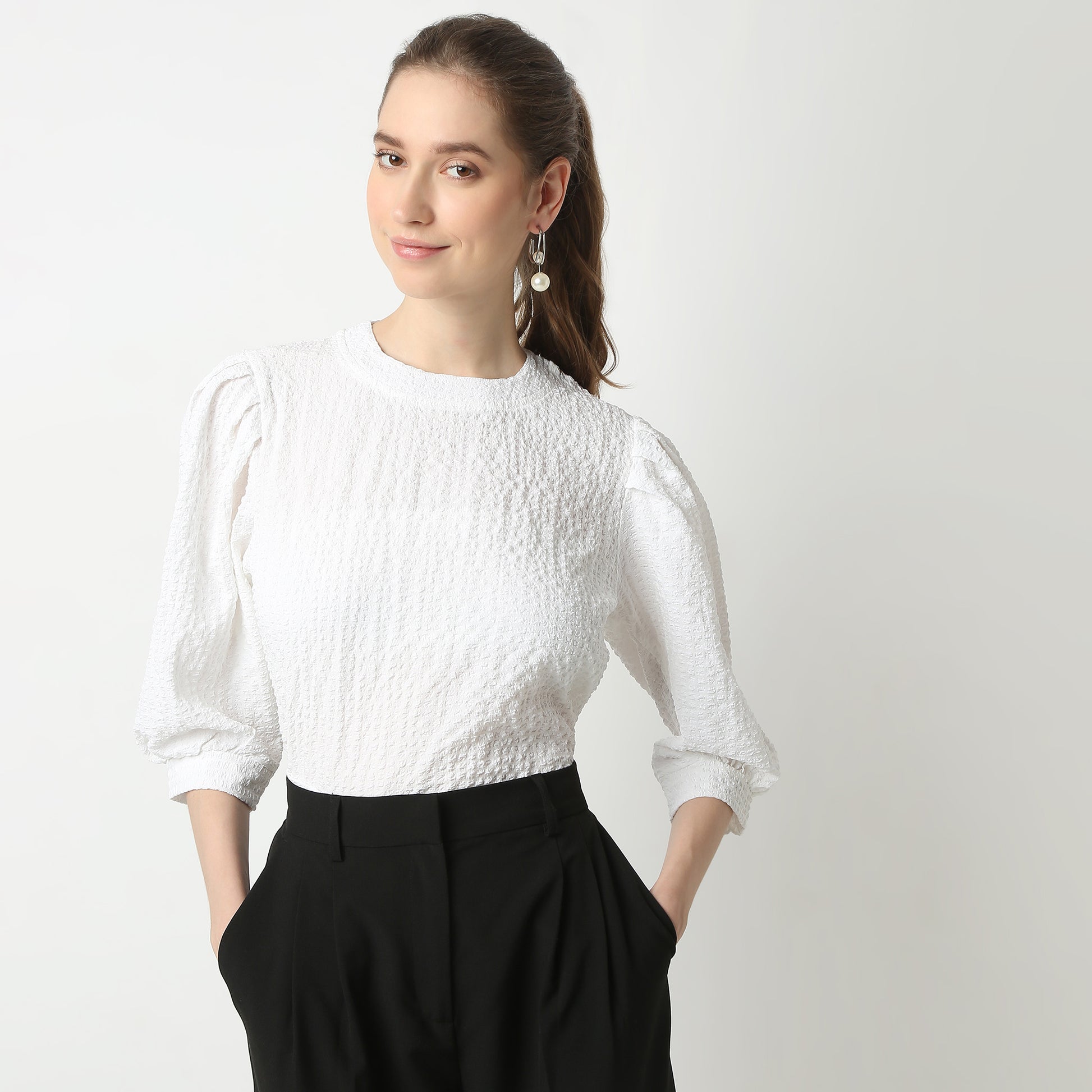 Regular Fit Structured Round Neck Top