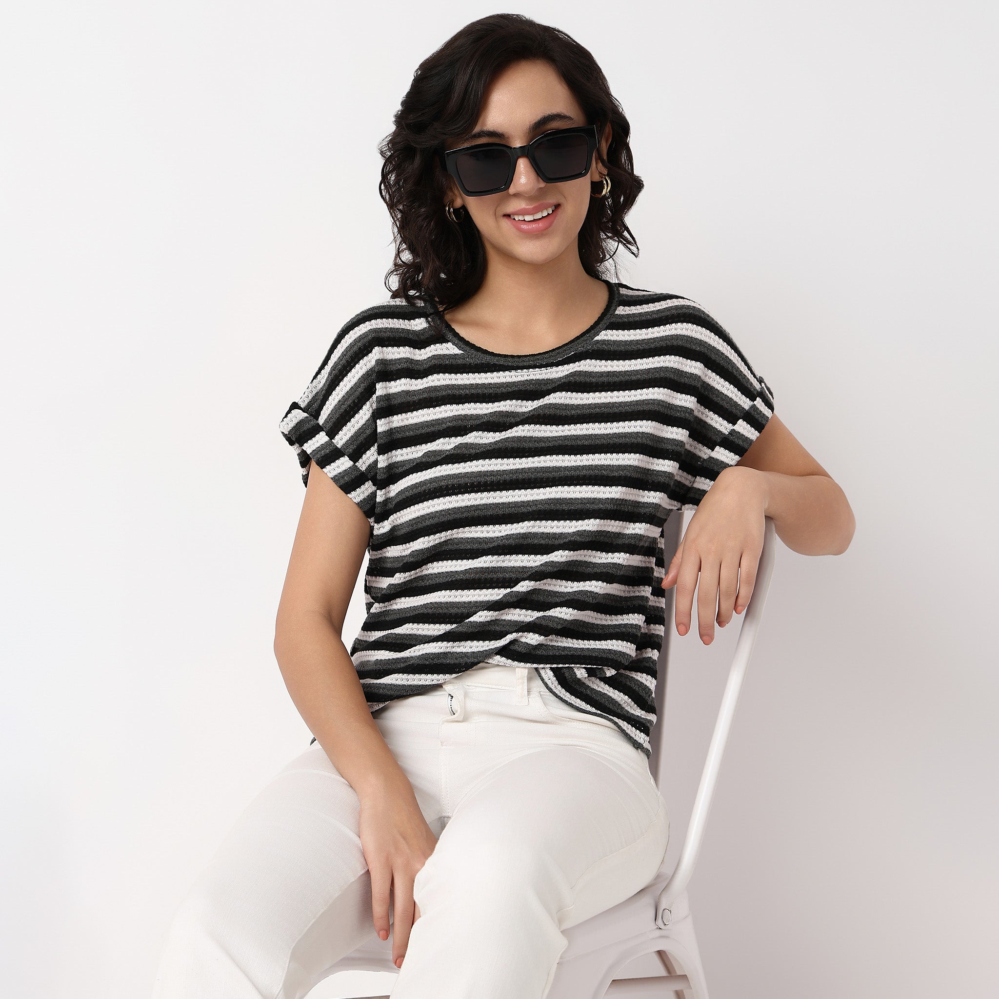 Woven Solid Round Neck Top