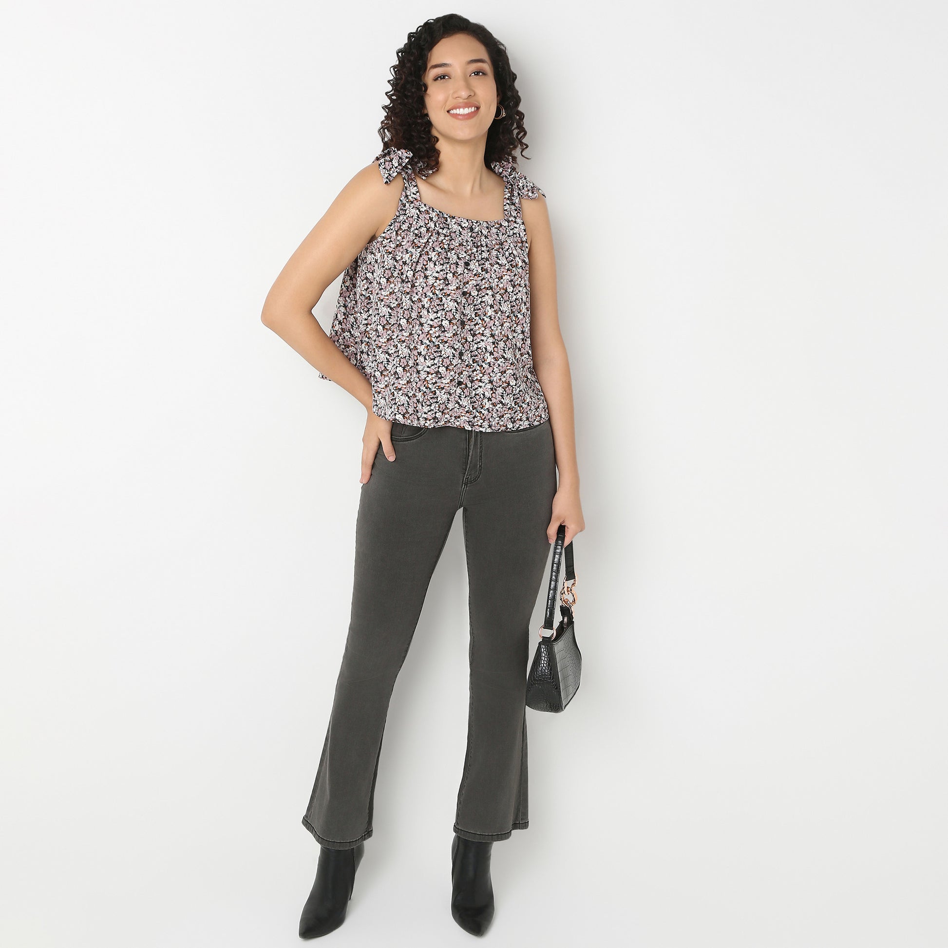 Floral Square Neck Strappy Top With Tie Detail