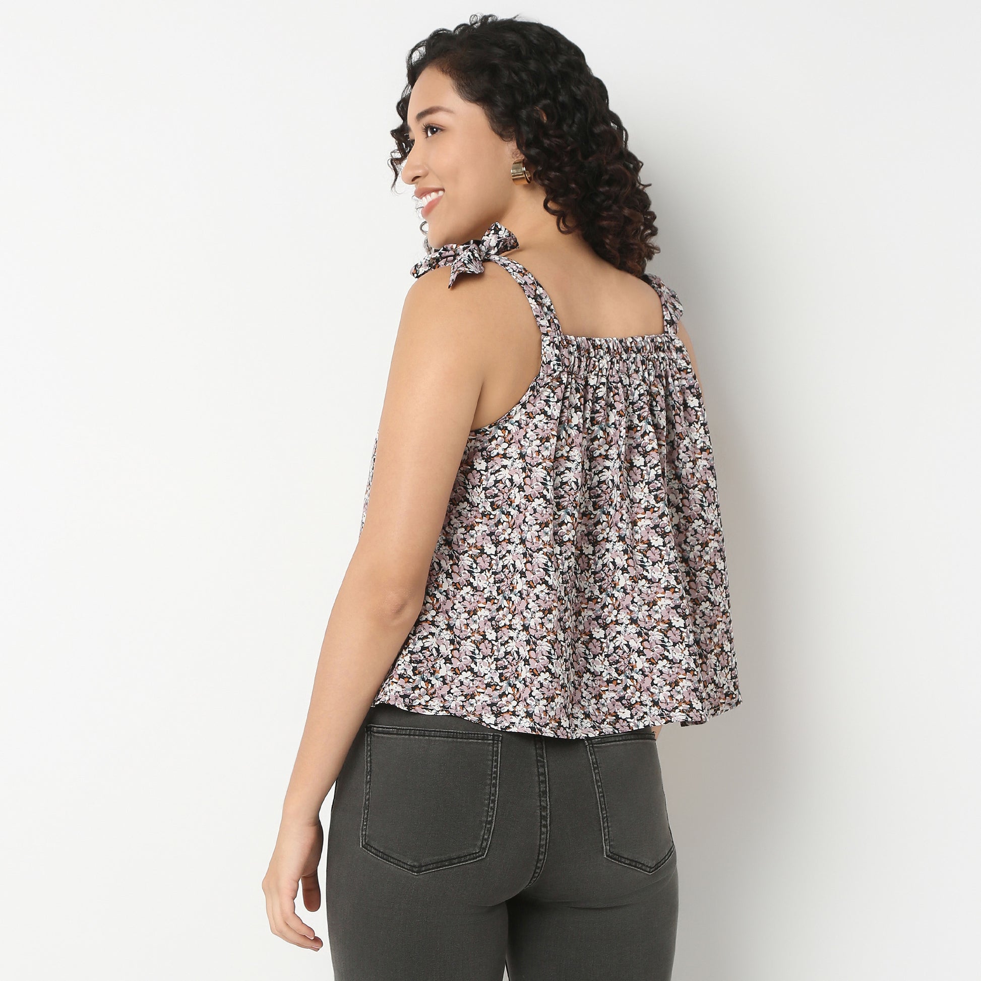 Floral Square Neck Strappy Top With Tie Detail