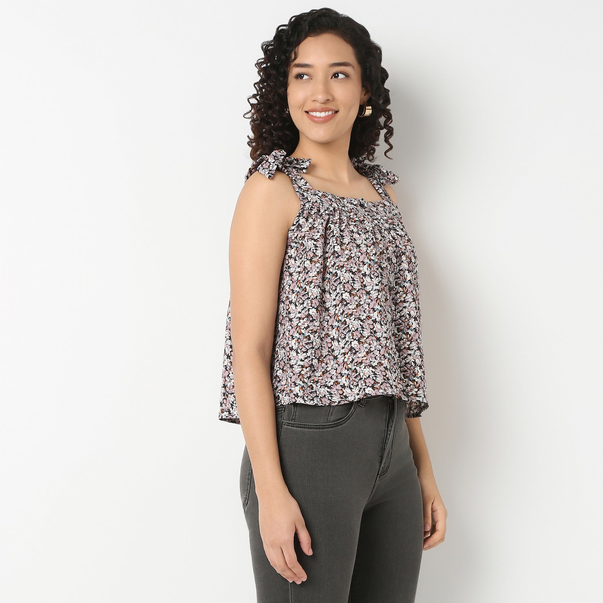 Floral Square Neck Strappy Top With Tie Detail