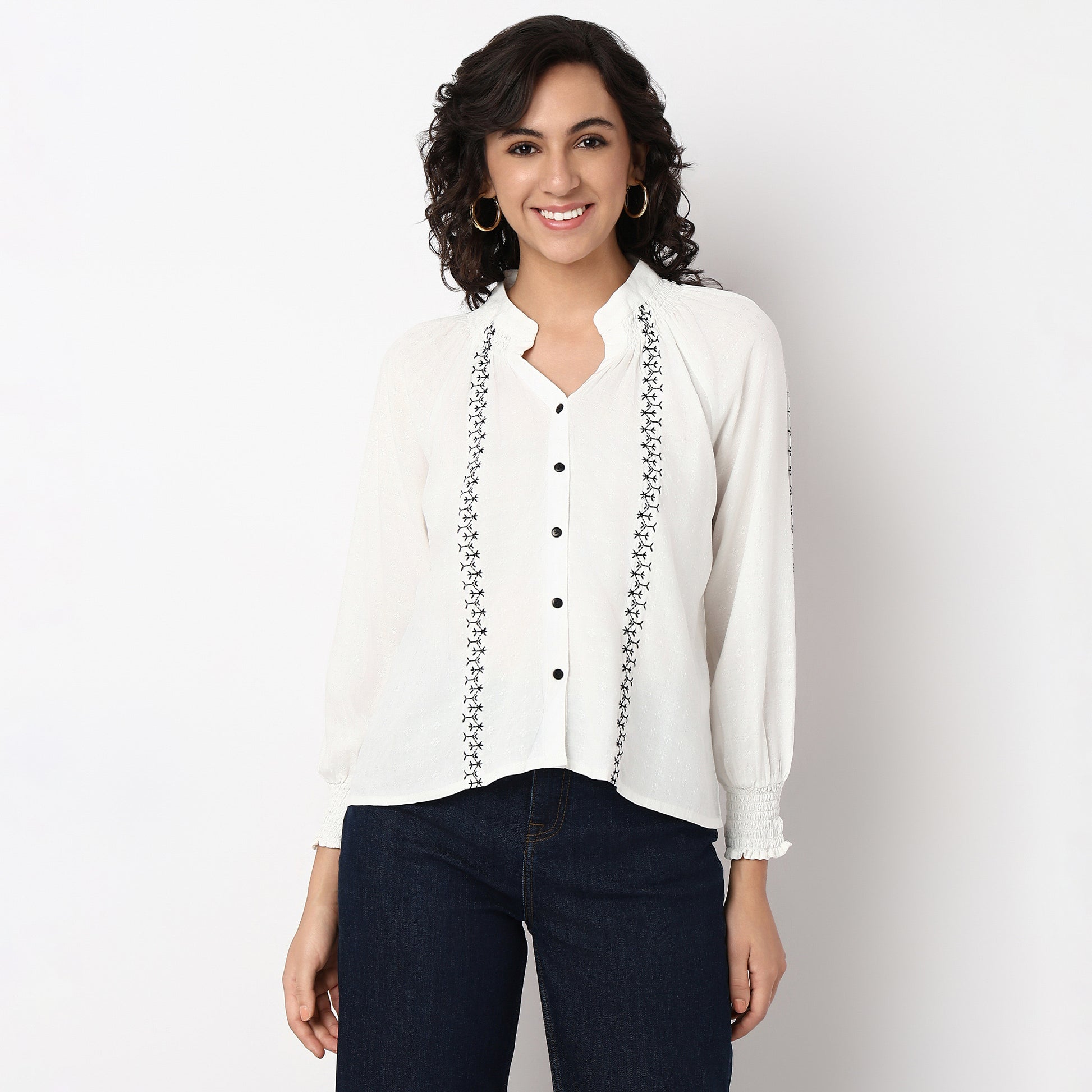 Woven Embroidered V-Neck Full Sleeve Top