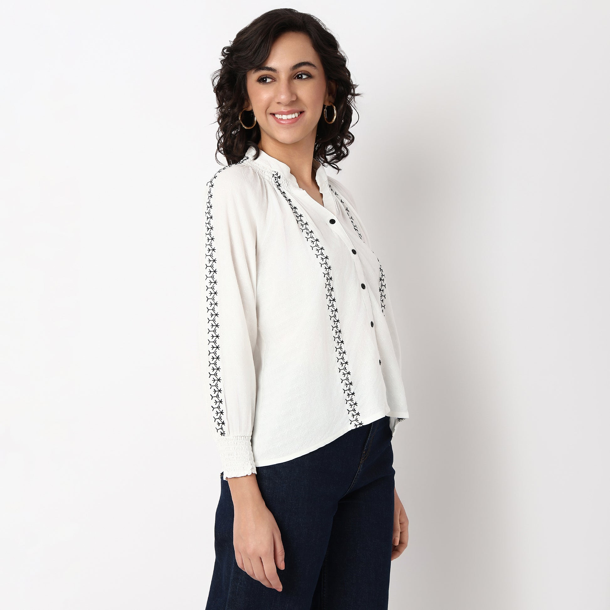Woven Embroidered V-Neck Full Sleeve Top