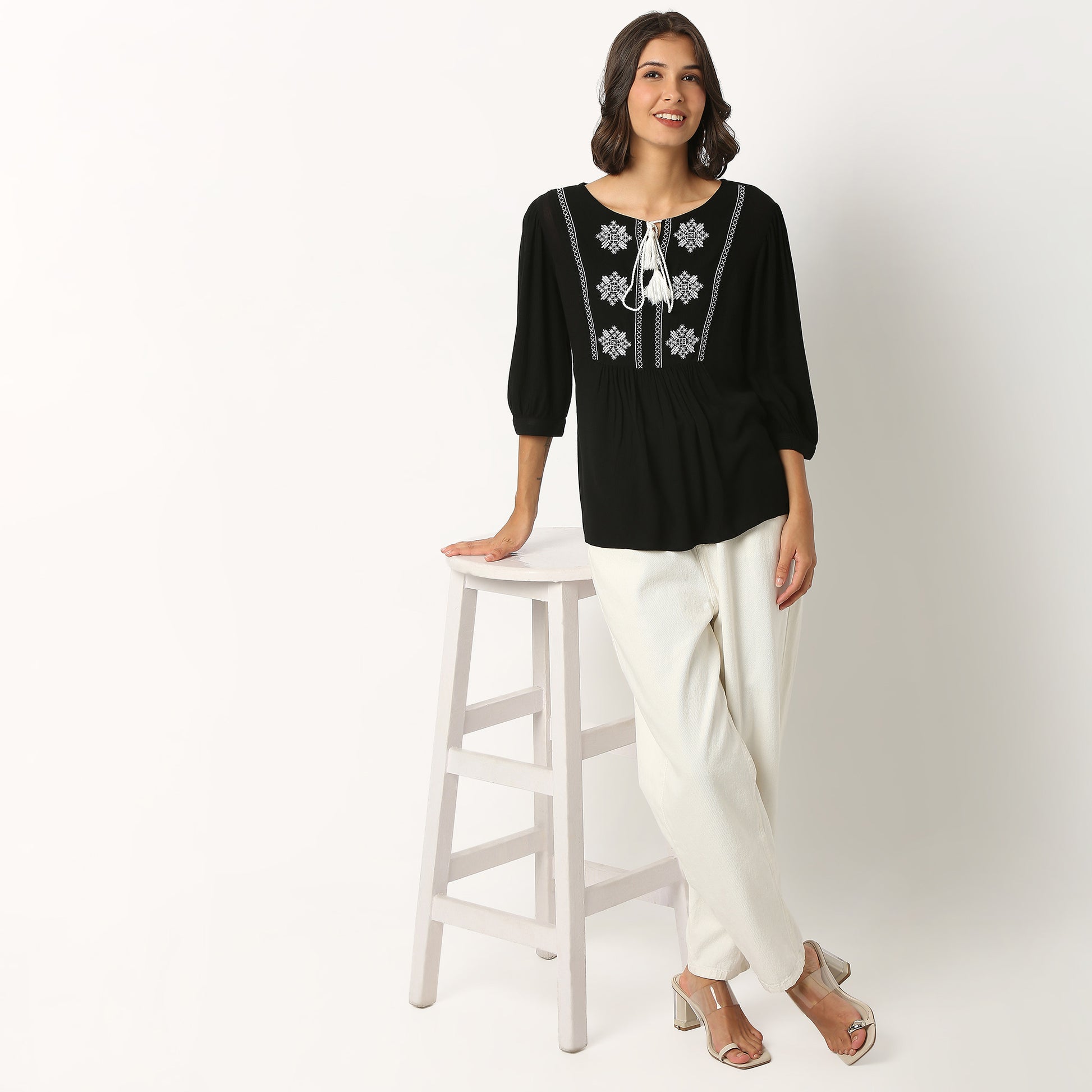 Embroidered Viscose V-Neck Top