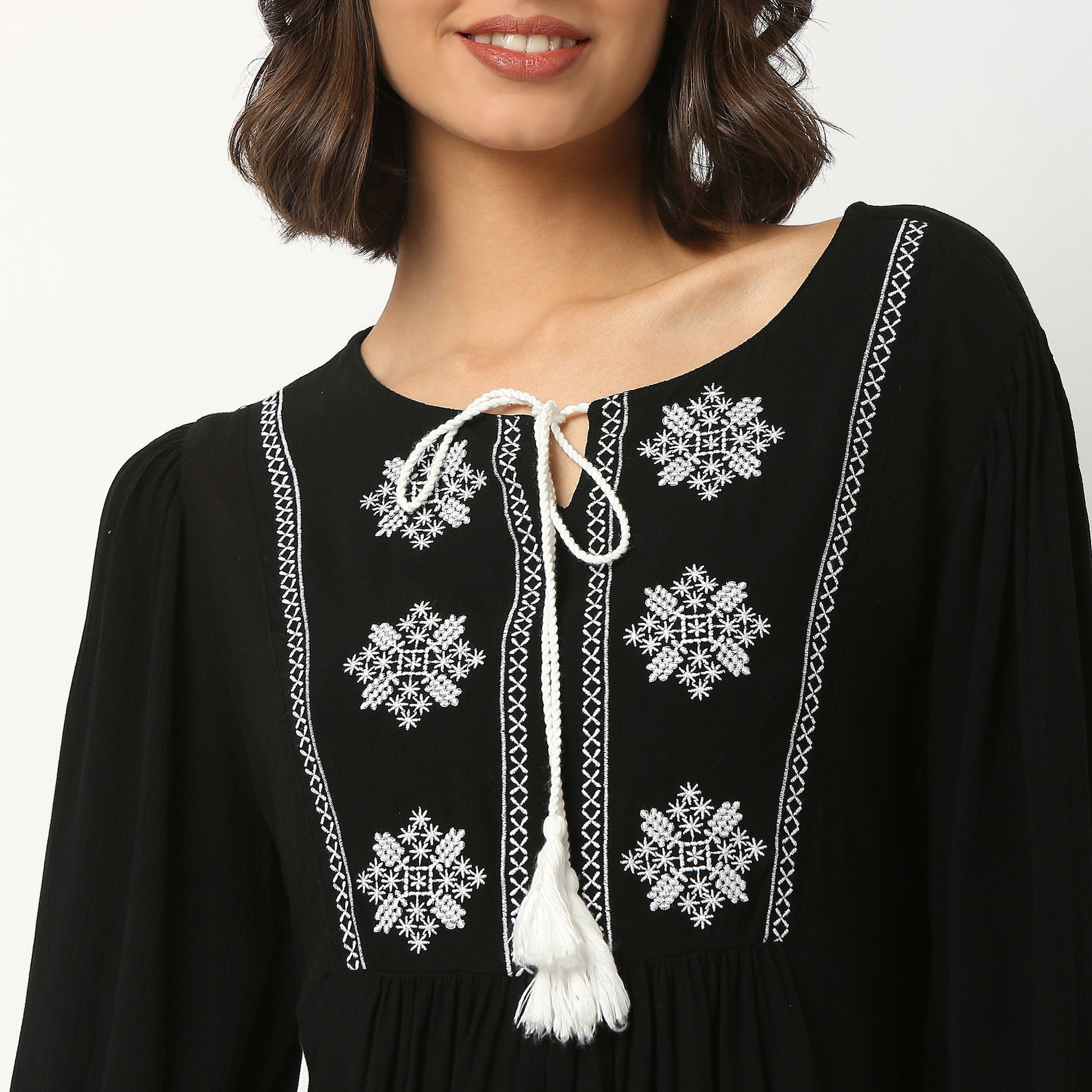 Embroidered Viscose V-Neck Top