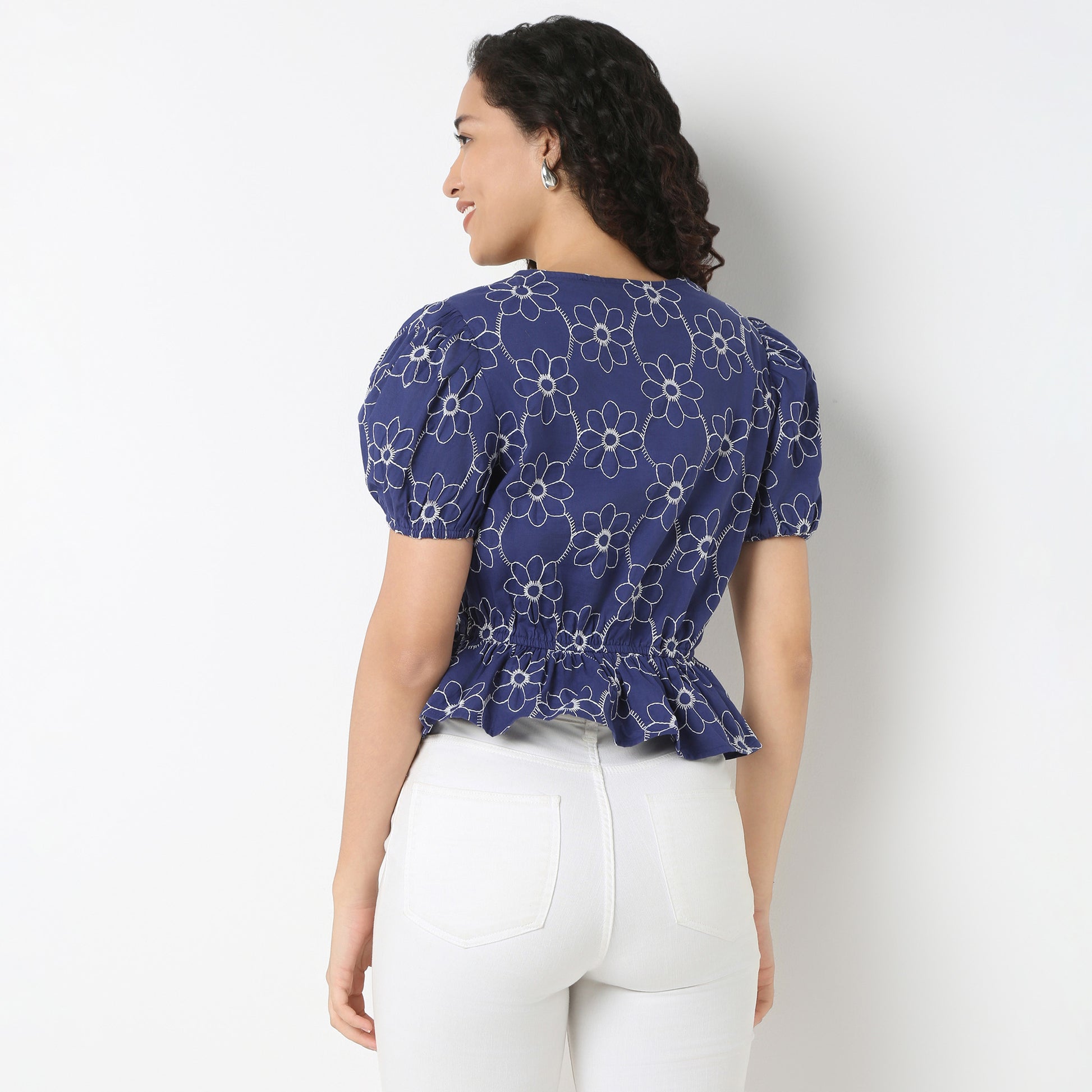 V-Neck Peplum Embroidered Top