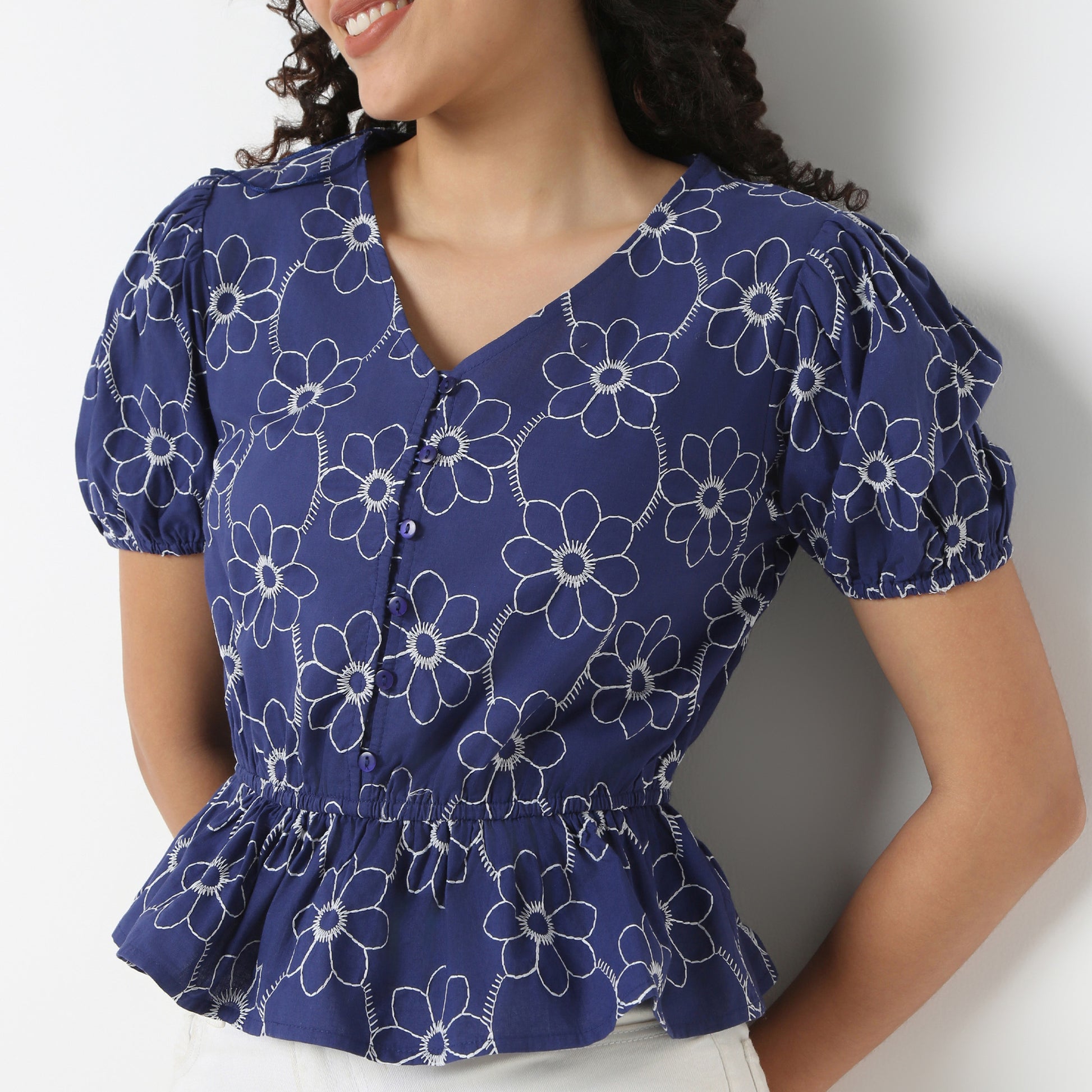 V-Neck Peplum Embroidered Top