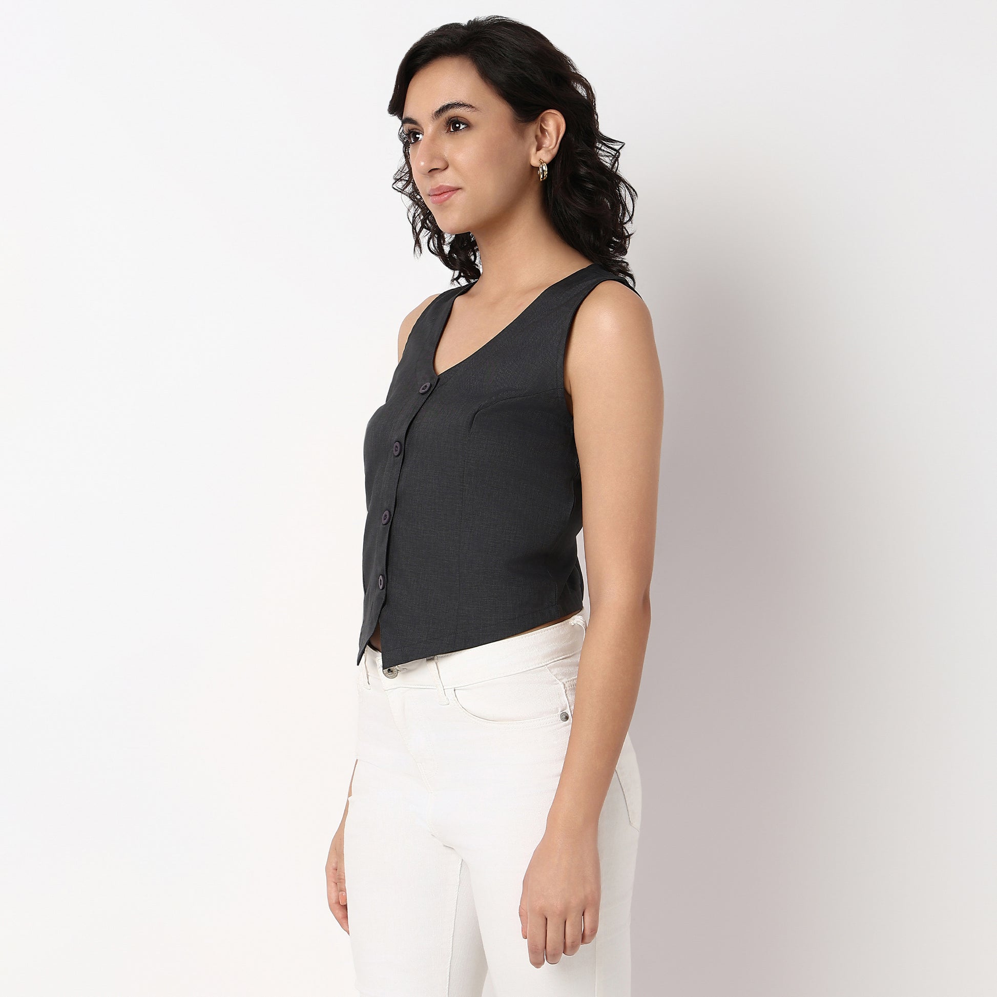 Woven Solid V-Neck Sleeveless Top