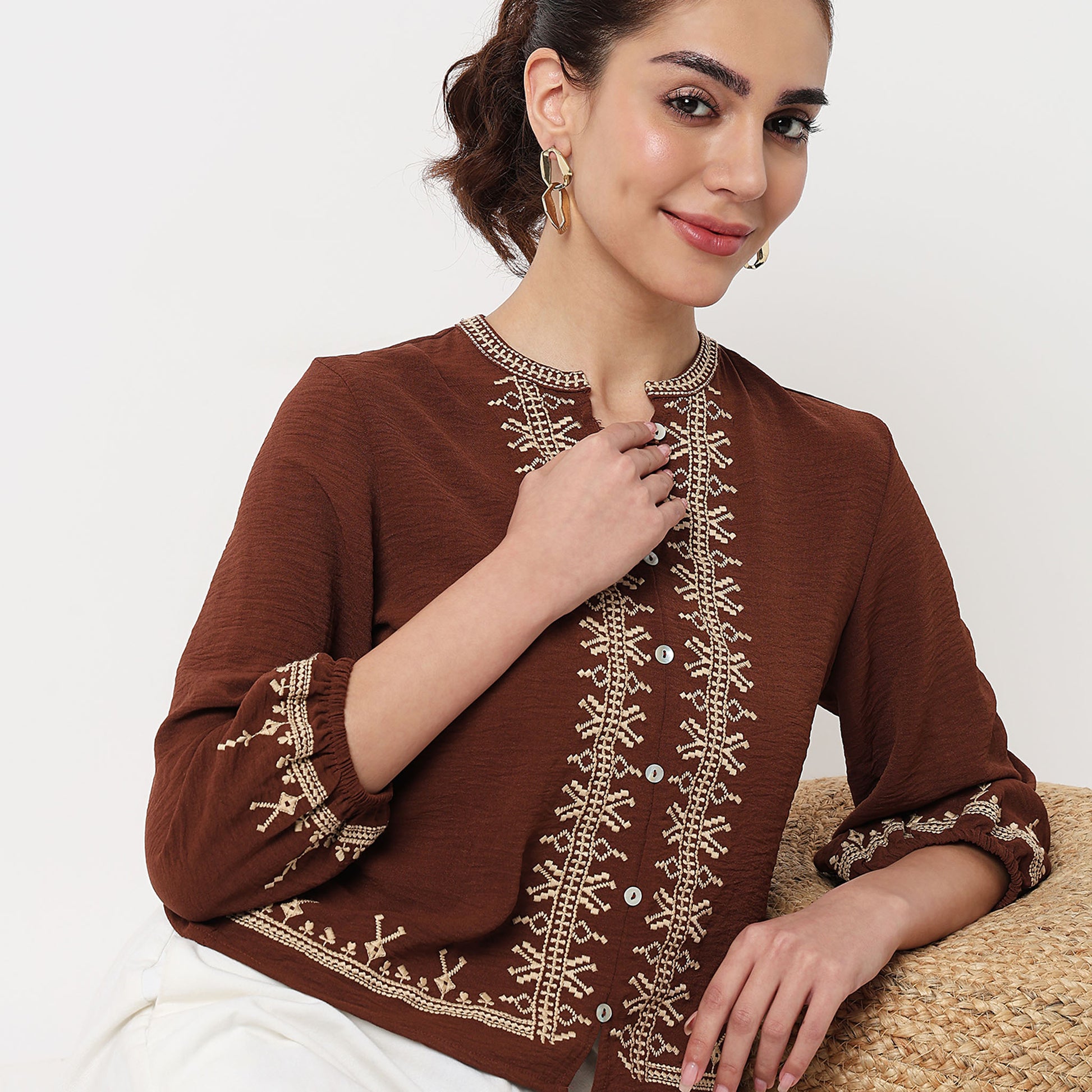 Embroidered Round Neck Top