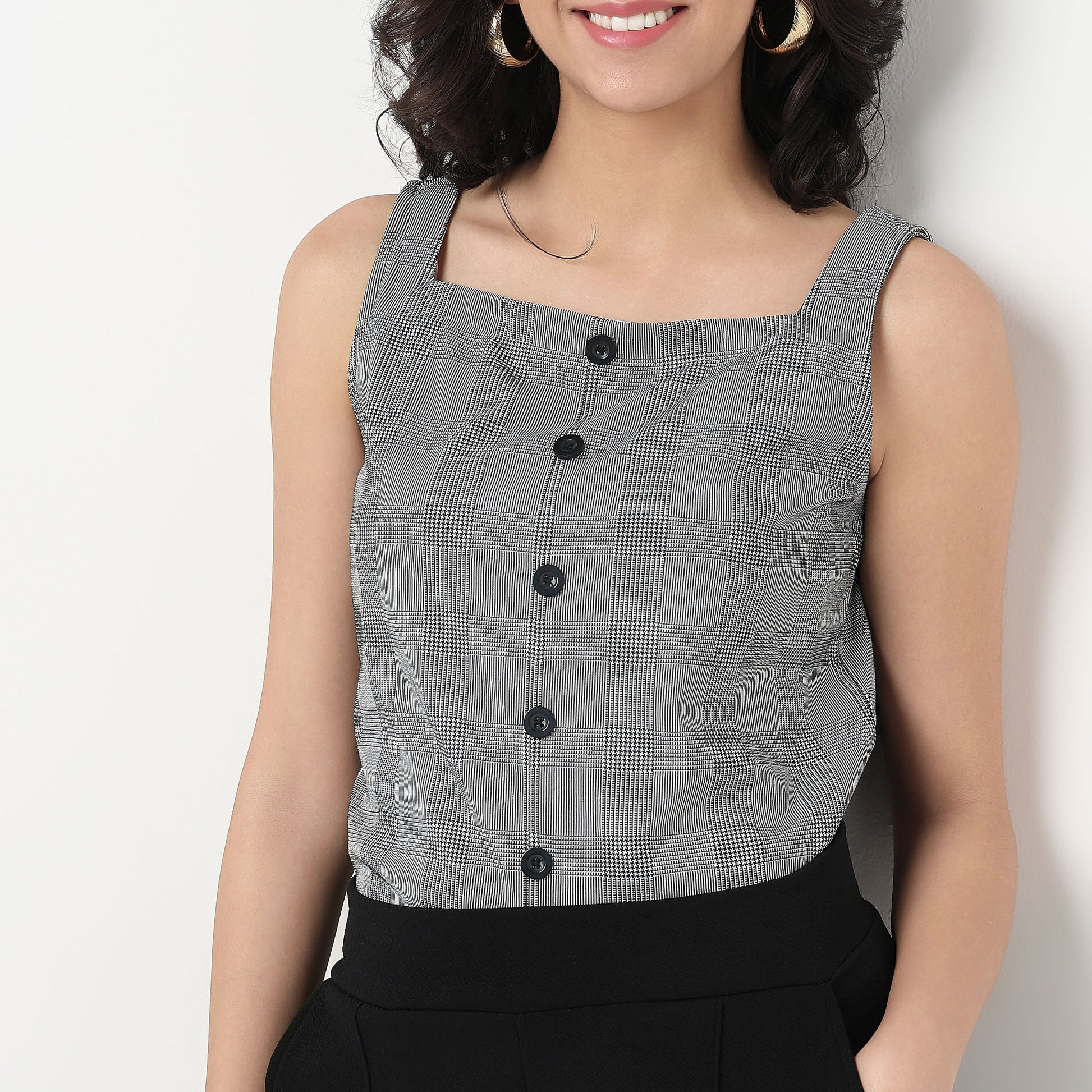 Order Now Women Checkered Square Neck Straight Slim Fit Western Wear Top by Style Union