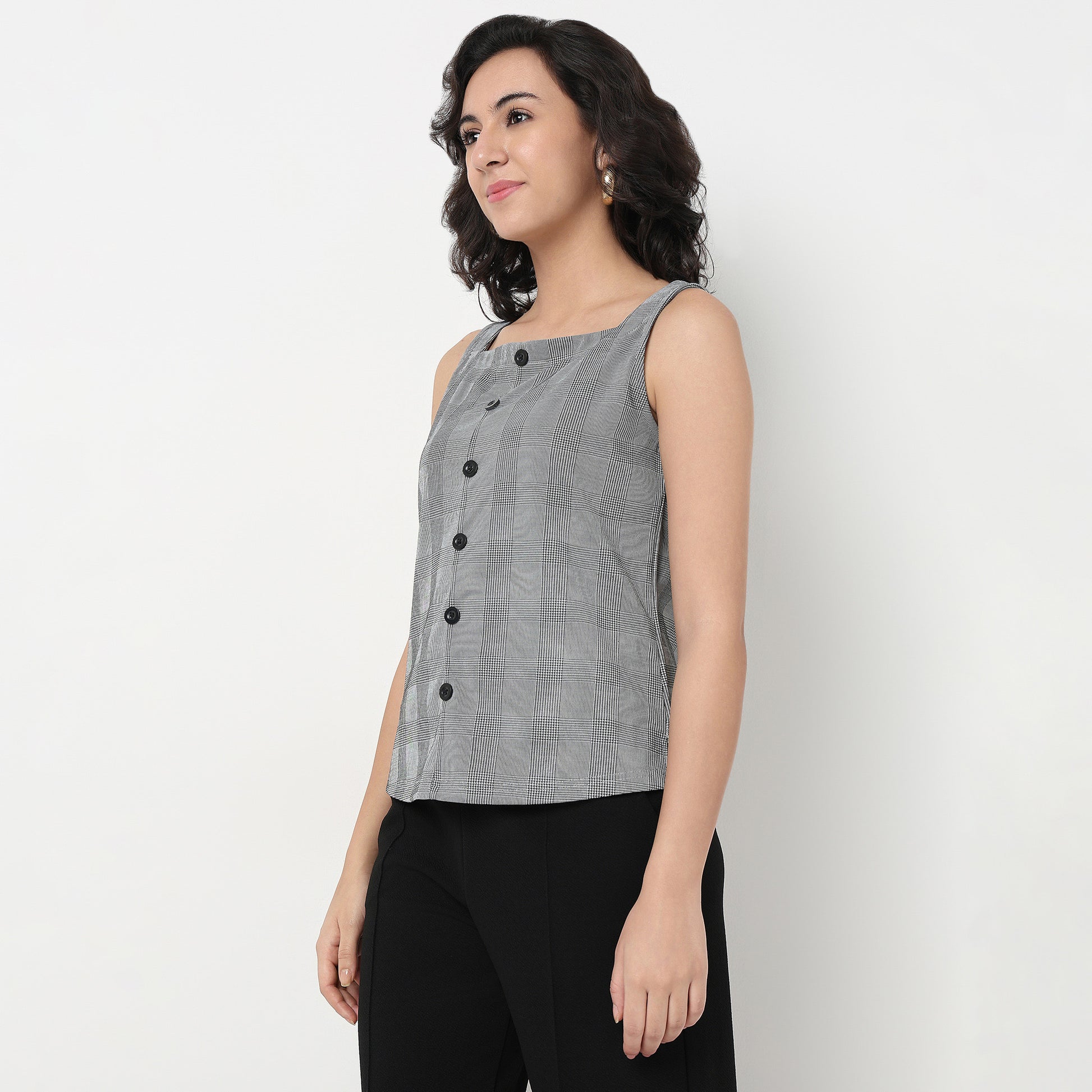 Order Now Women Checkered Square Neck Straight Slim Fit Western Wear Top by Style Union