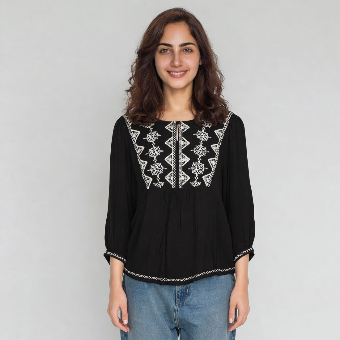 Viscose Embroidered Three-Fourth Sleeve Top