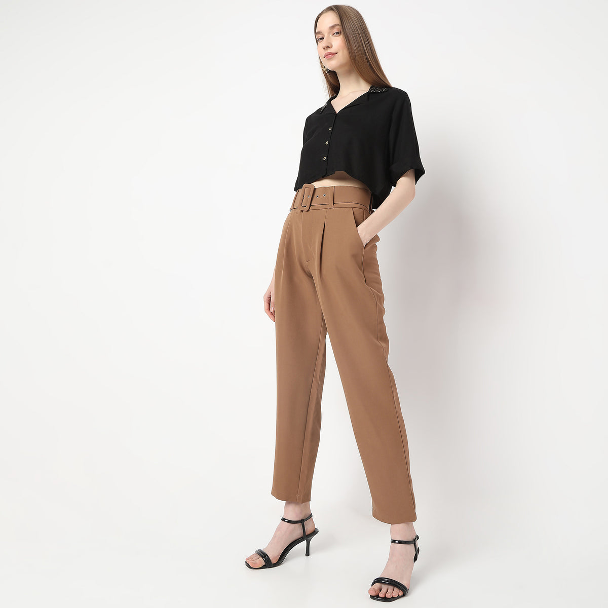 Ankle Length Front Pleated Buckle Belt High Rise Trousers