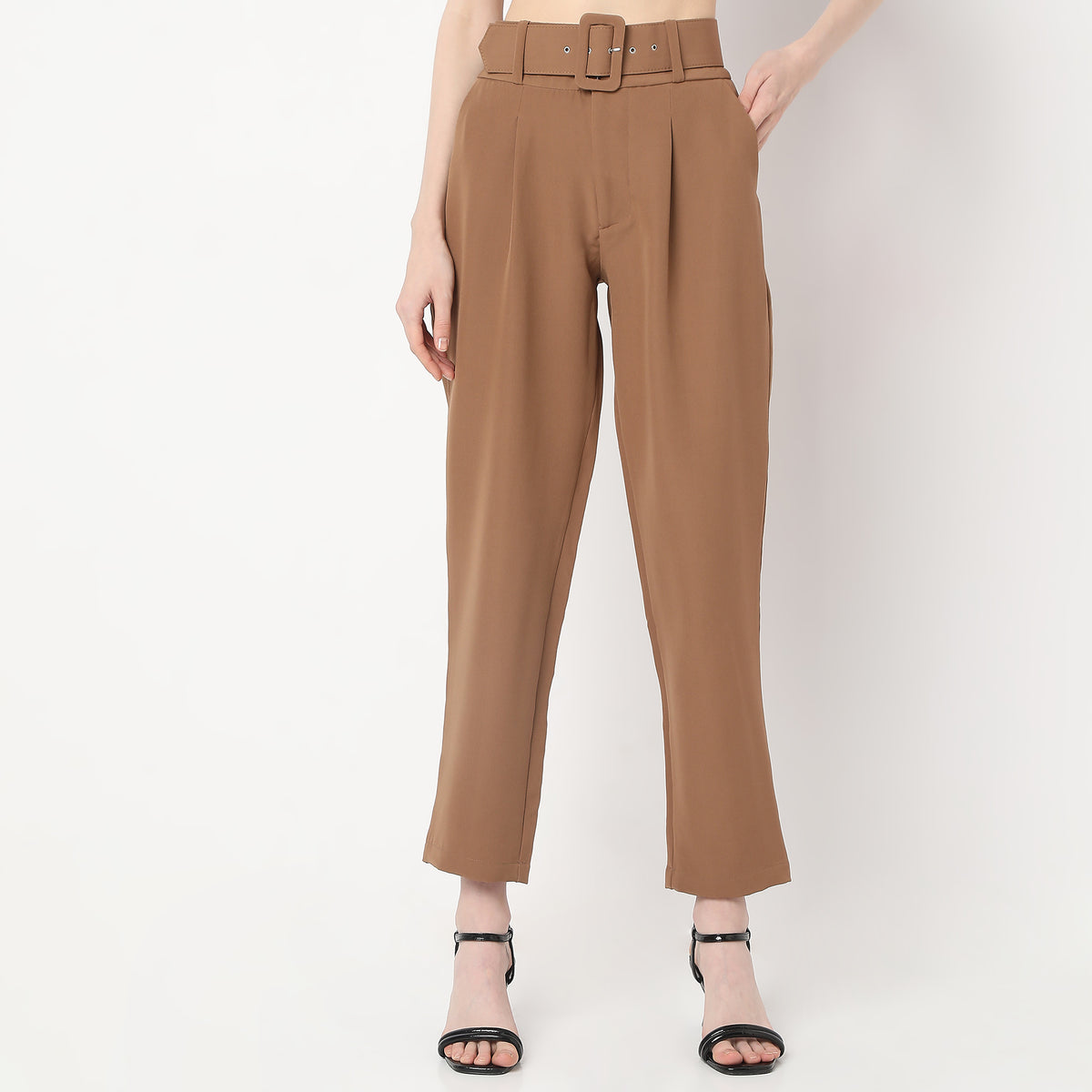 Ankle Length Front Pleated Buckle Belt High Rise Trousers