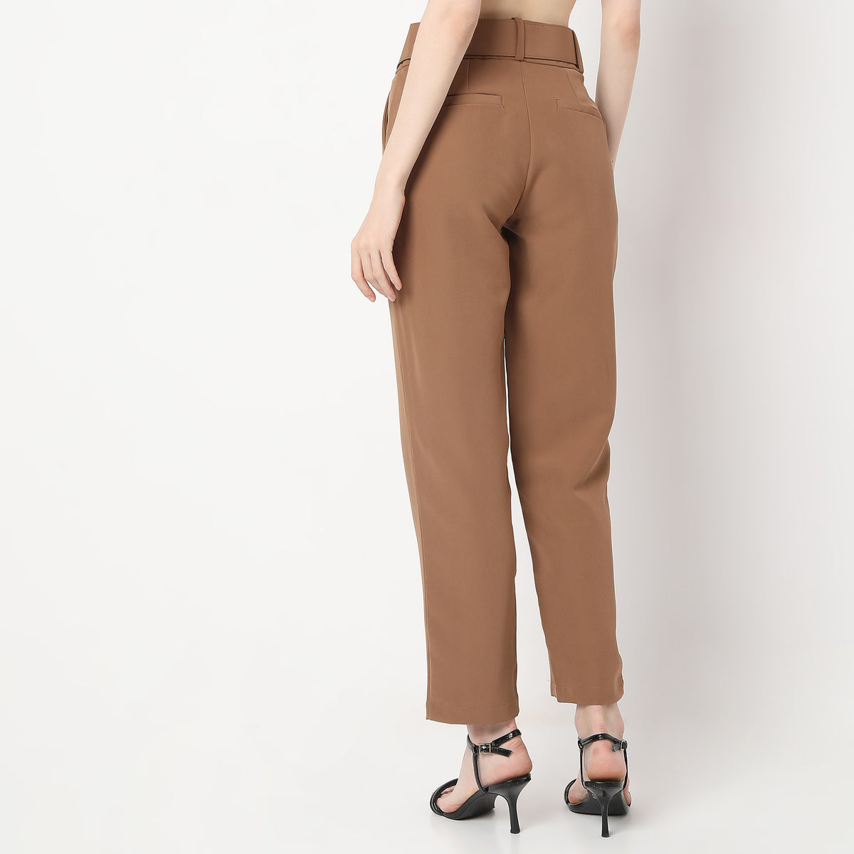 Ankle Length Front Pleated Buckle Belt High Rise Trousers