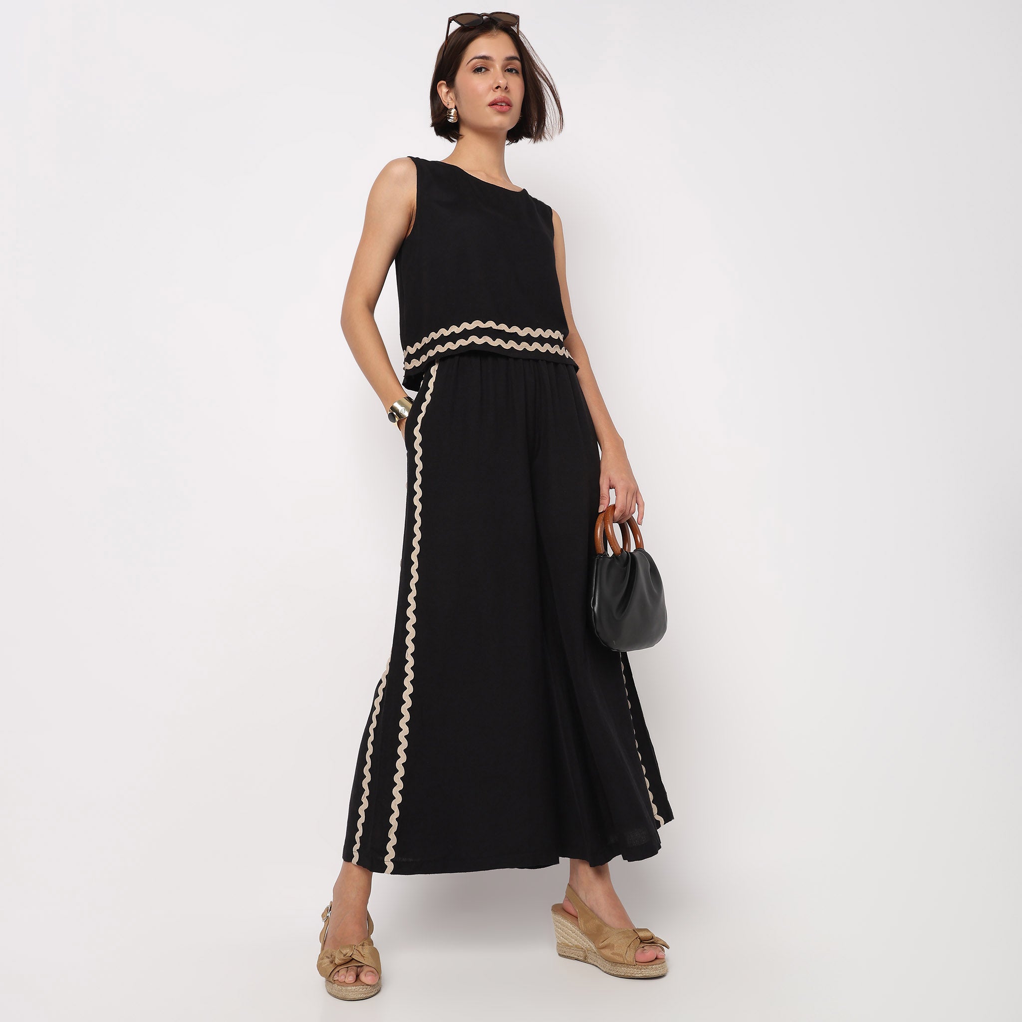 Flare High Rise Ricrac Cotton Trousers