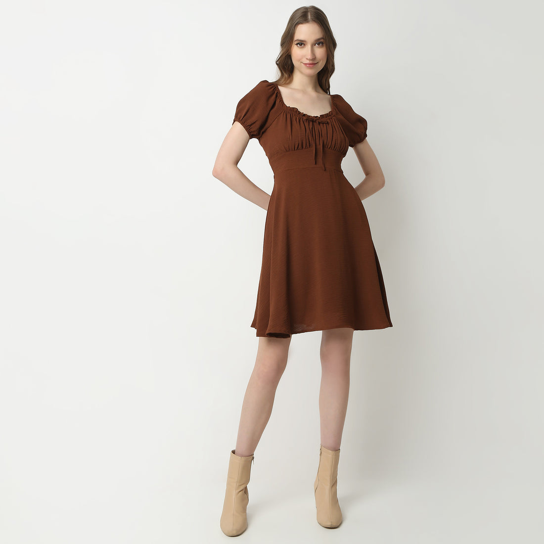 Flare Fit Solid Square Neck Dress