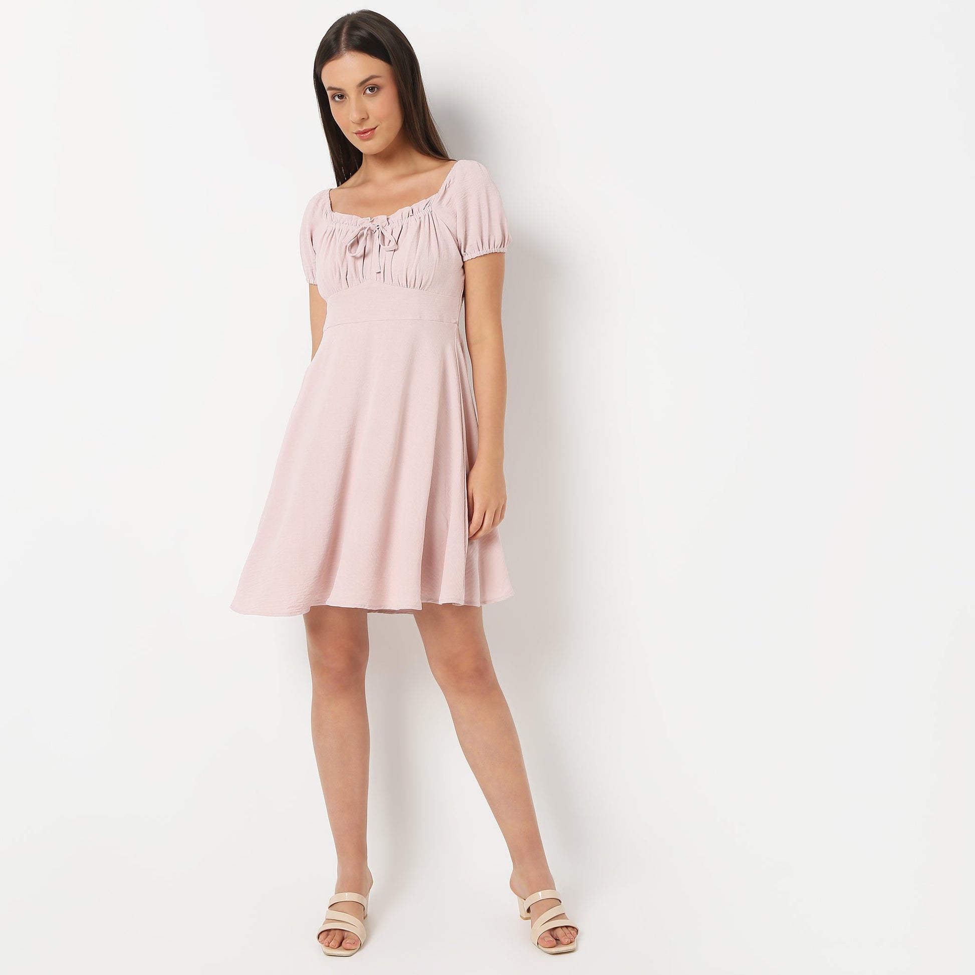 Flare Fit Solid Square Neck Dress