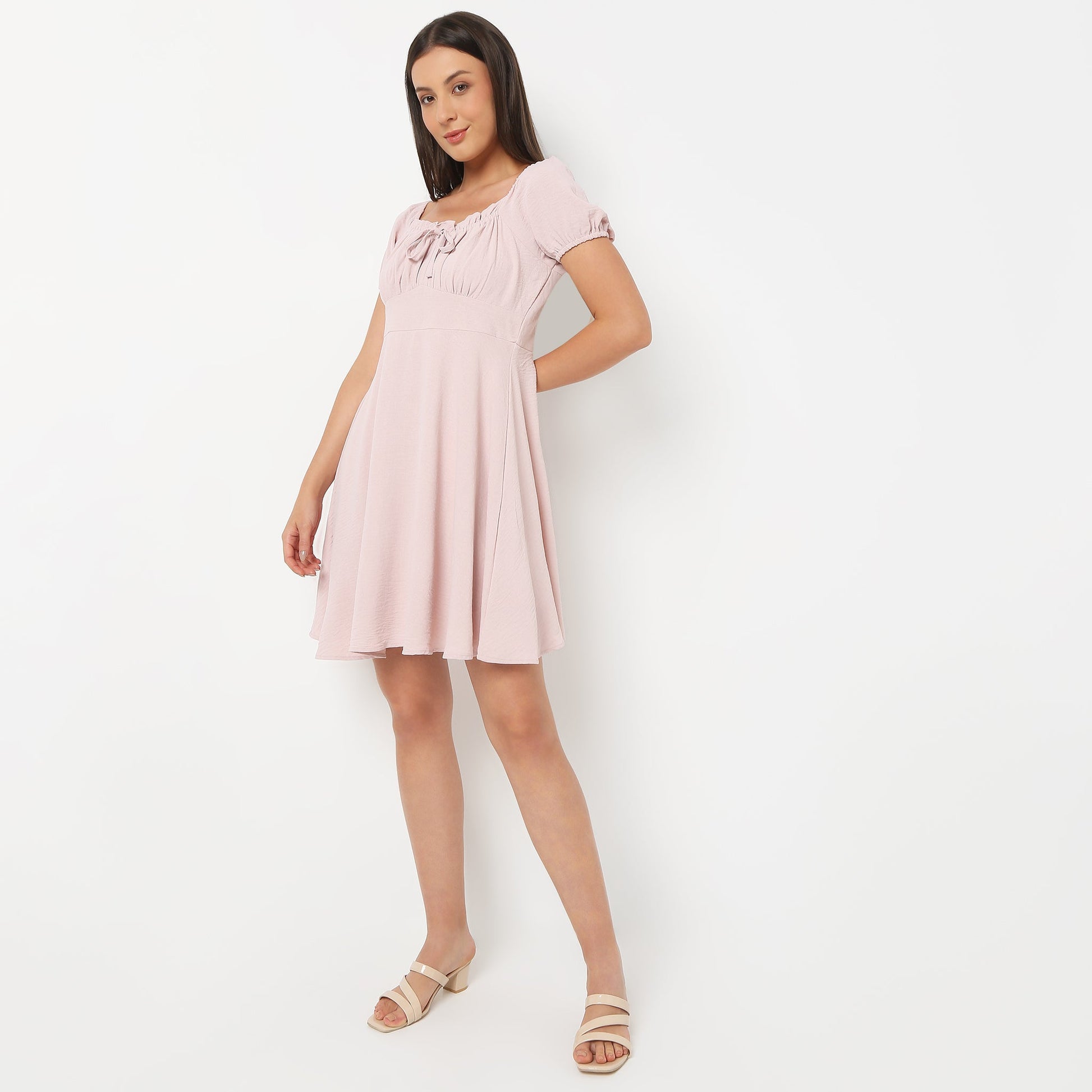 Flare Fit Solid Square Neck Dress