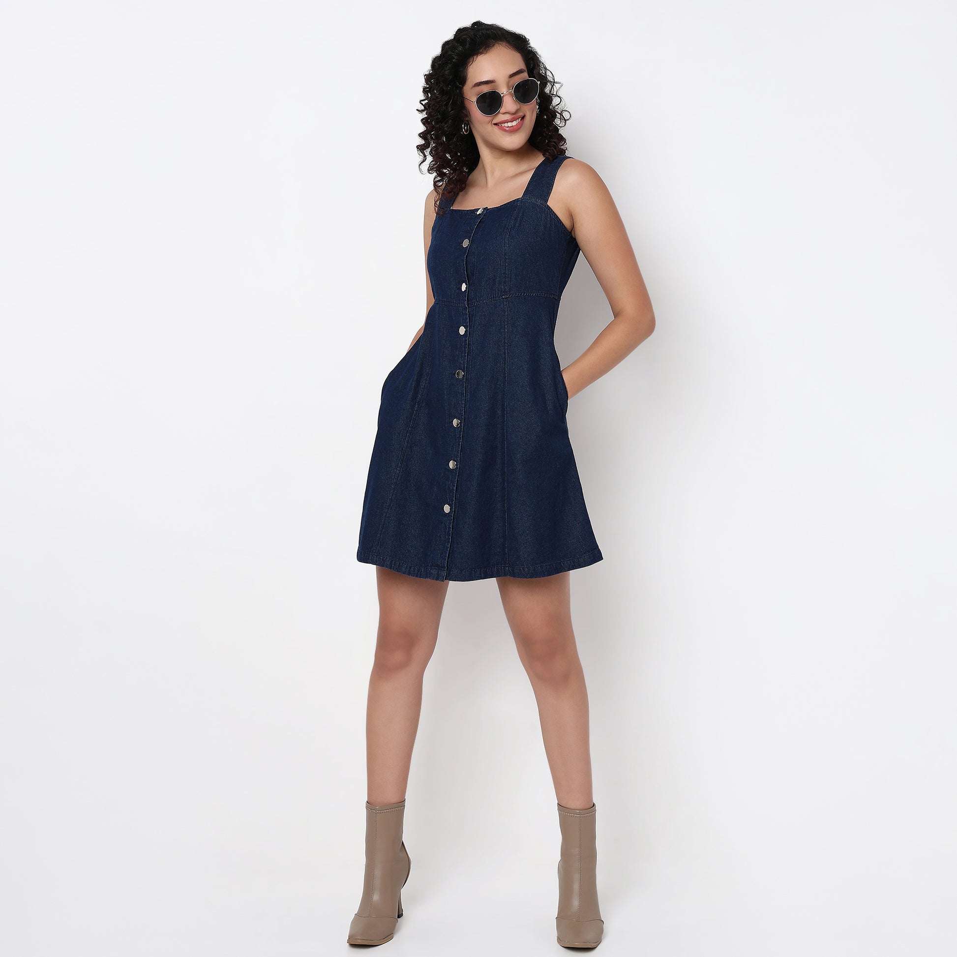 Indigo Denim Sleeveless Dress With Button Look