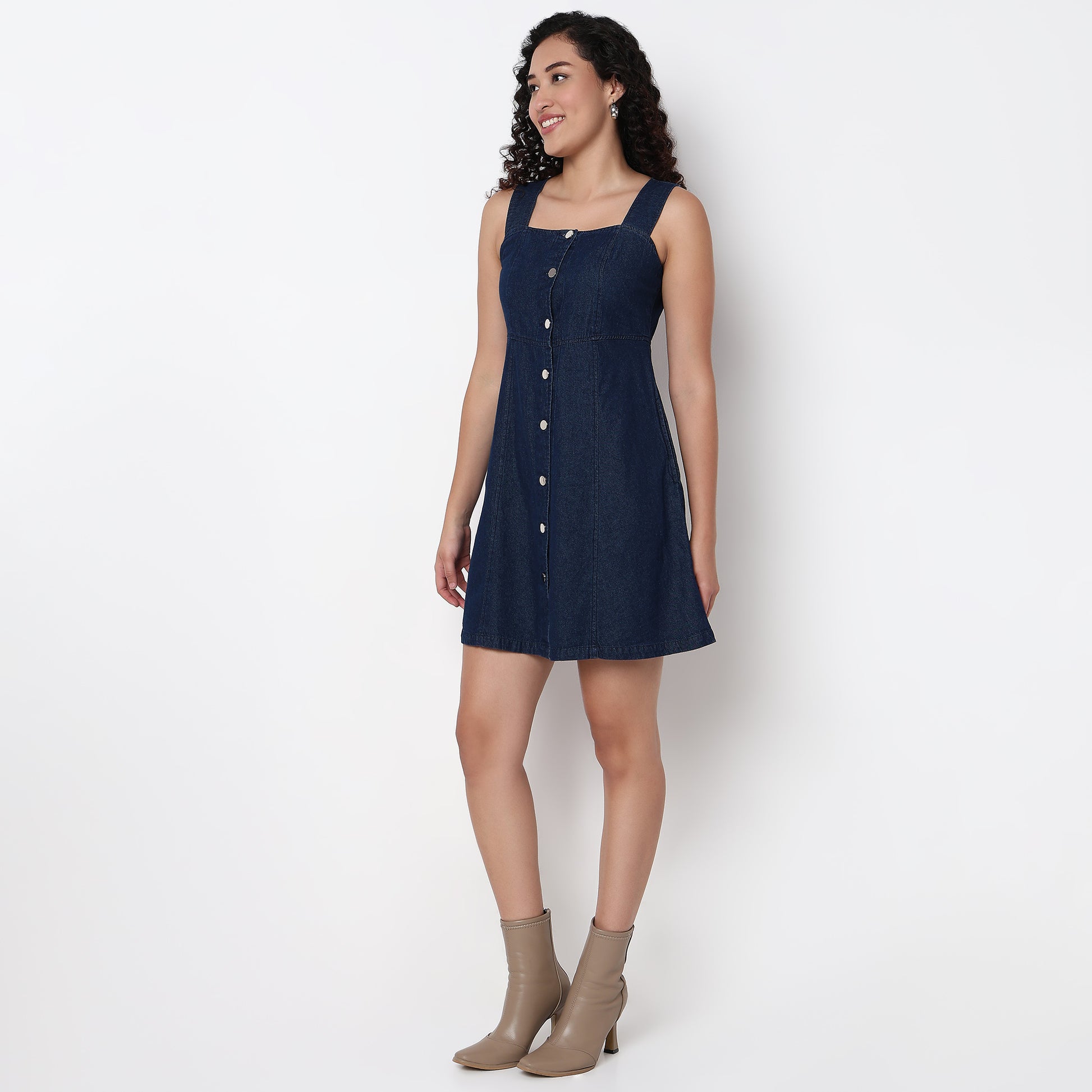 Indigo Denim Sleeveless Dress With Button Look