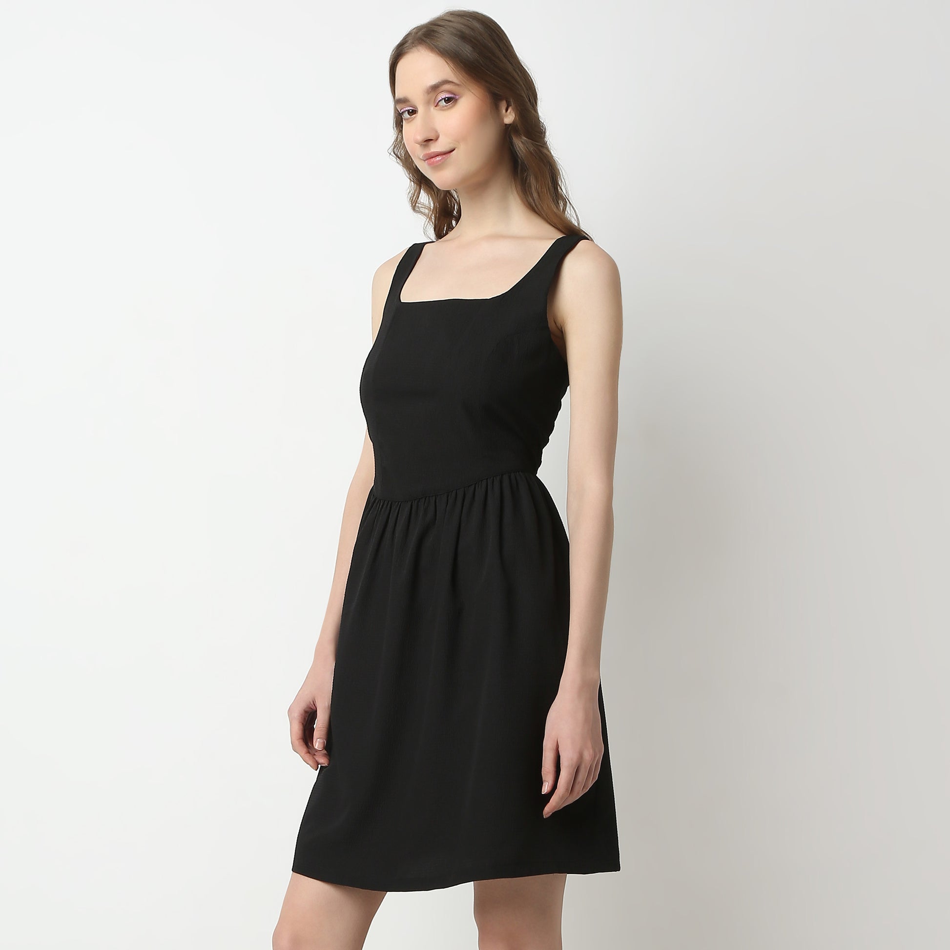 Flare Fit Solid Scoop Neck Dress