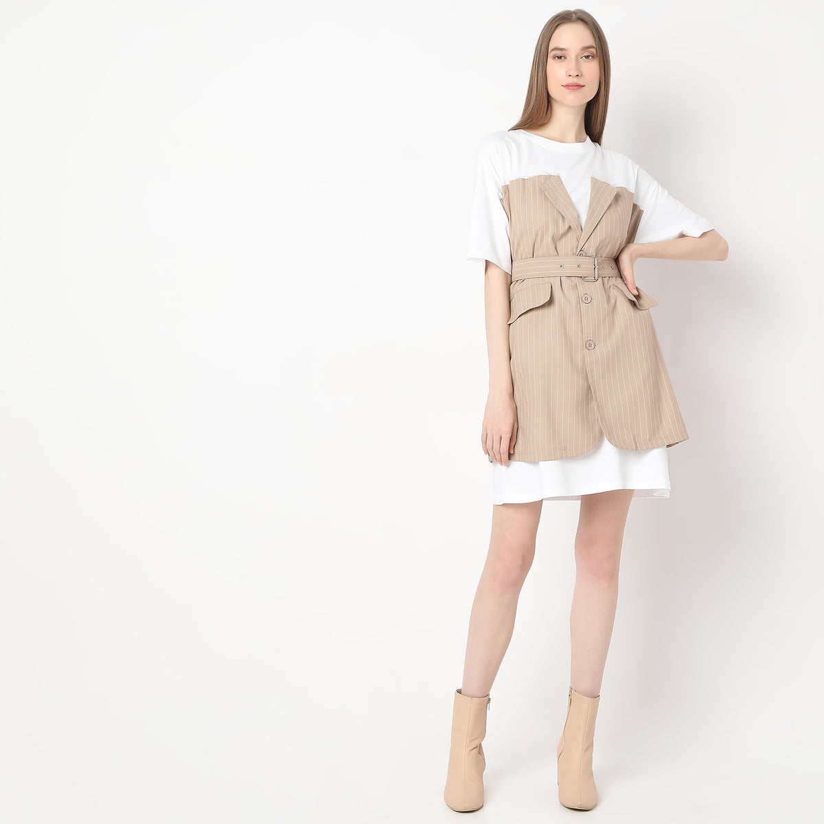 Above Knee Button-Down Detailing and Adjustable Belt Two Flap Pocket Dress