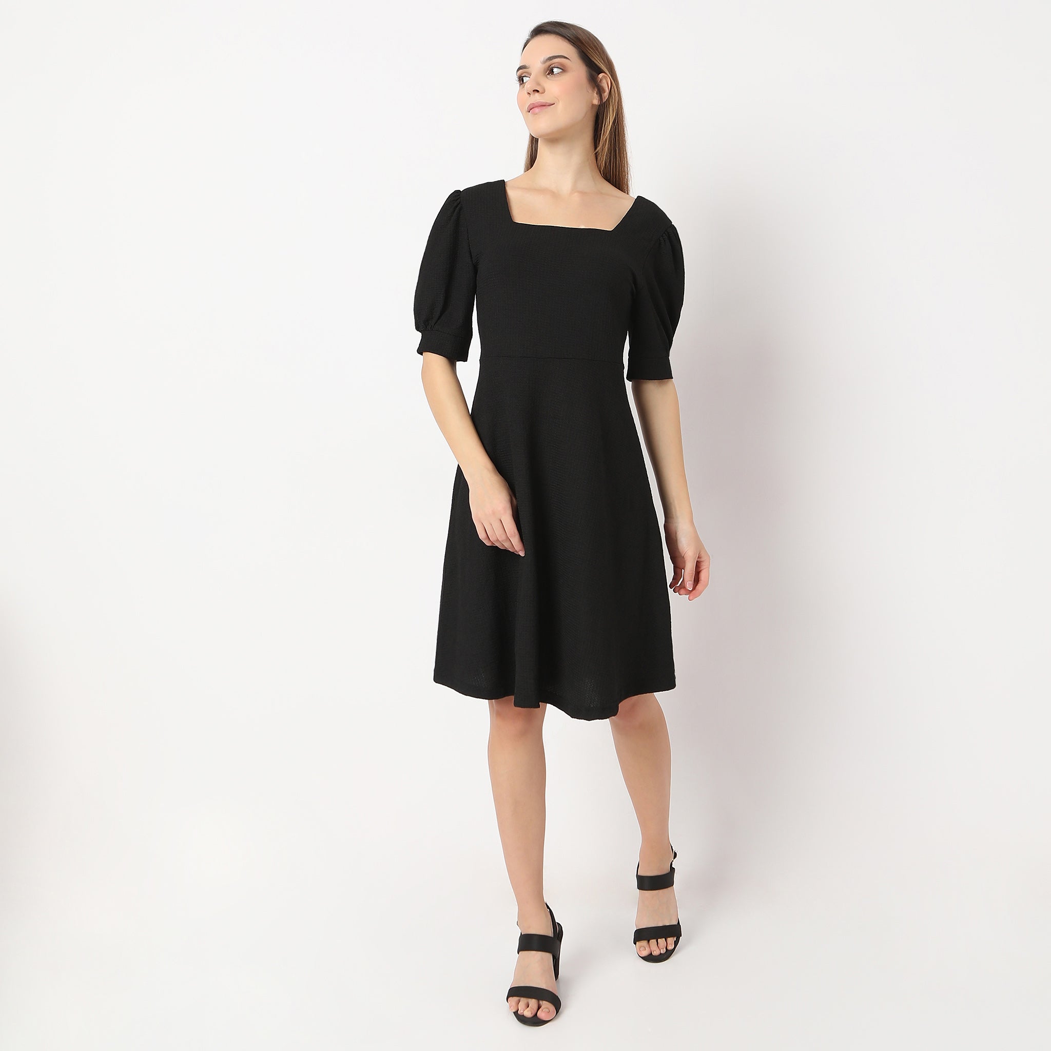 Flare Fit Knee Length Square Neck Short Sleeve Dress