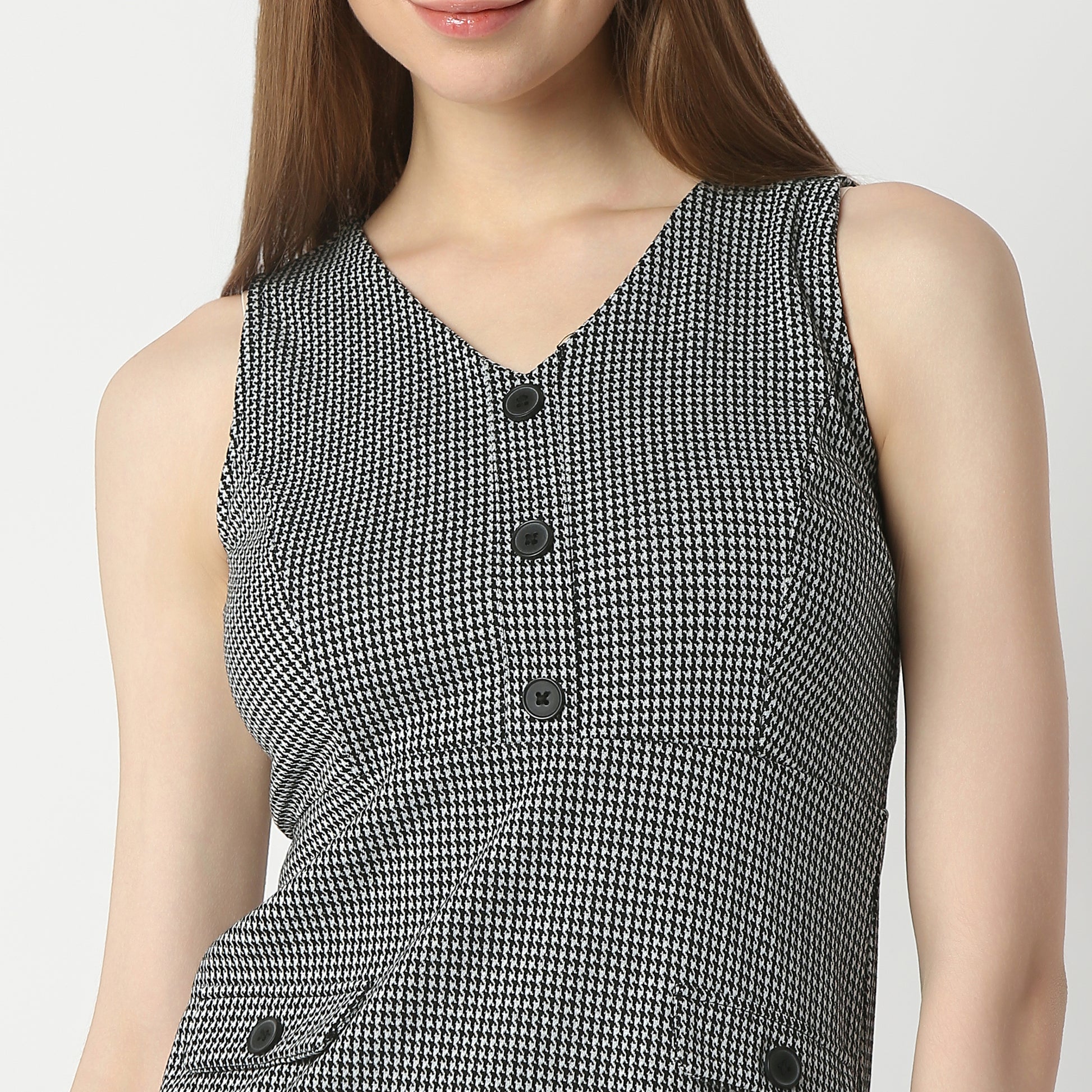 Regular Fit Houndstooth Above Knee Dress